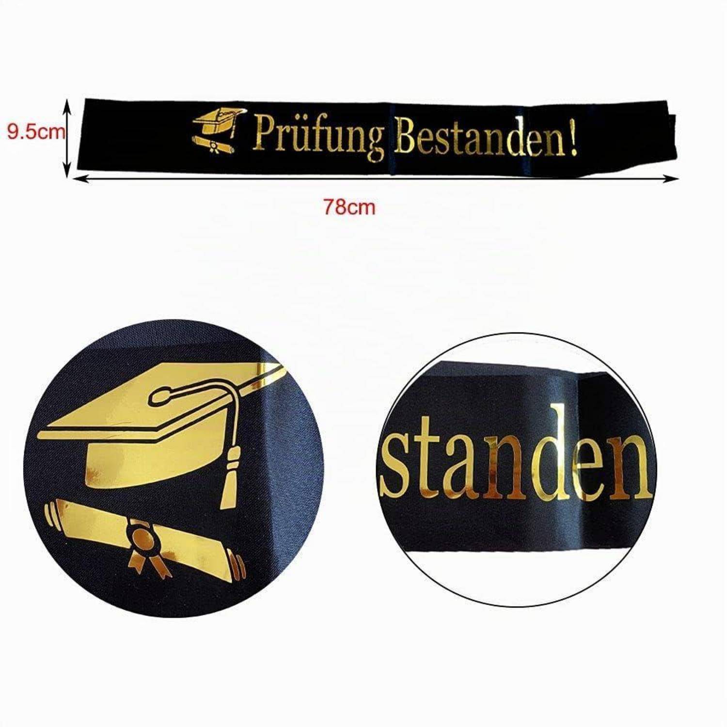 Schwarzes Abiturband/Banner mit goldenem Mortarboard-Symbol und deutschem Text „Prüfung Bestanden!