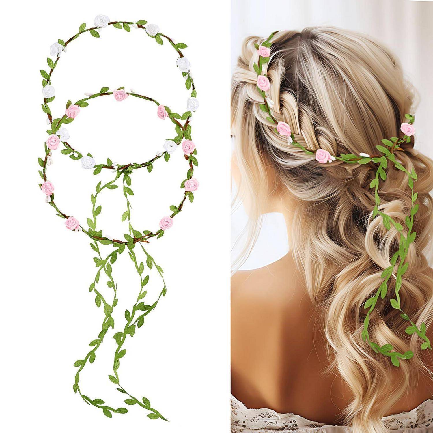 Blumenhaarvine in zwei Stilrichtungen: ein grünes Blatt-und-rosa Blüten-Kopfschmuck auf Weiß und getragen in einer geflochtenen Brautfrisur.