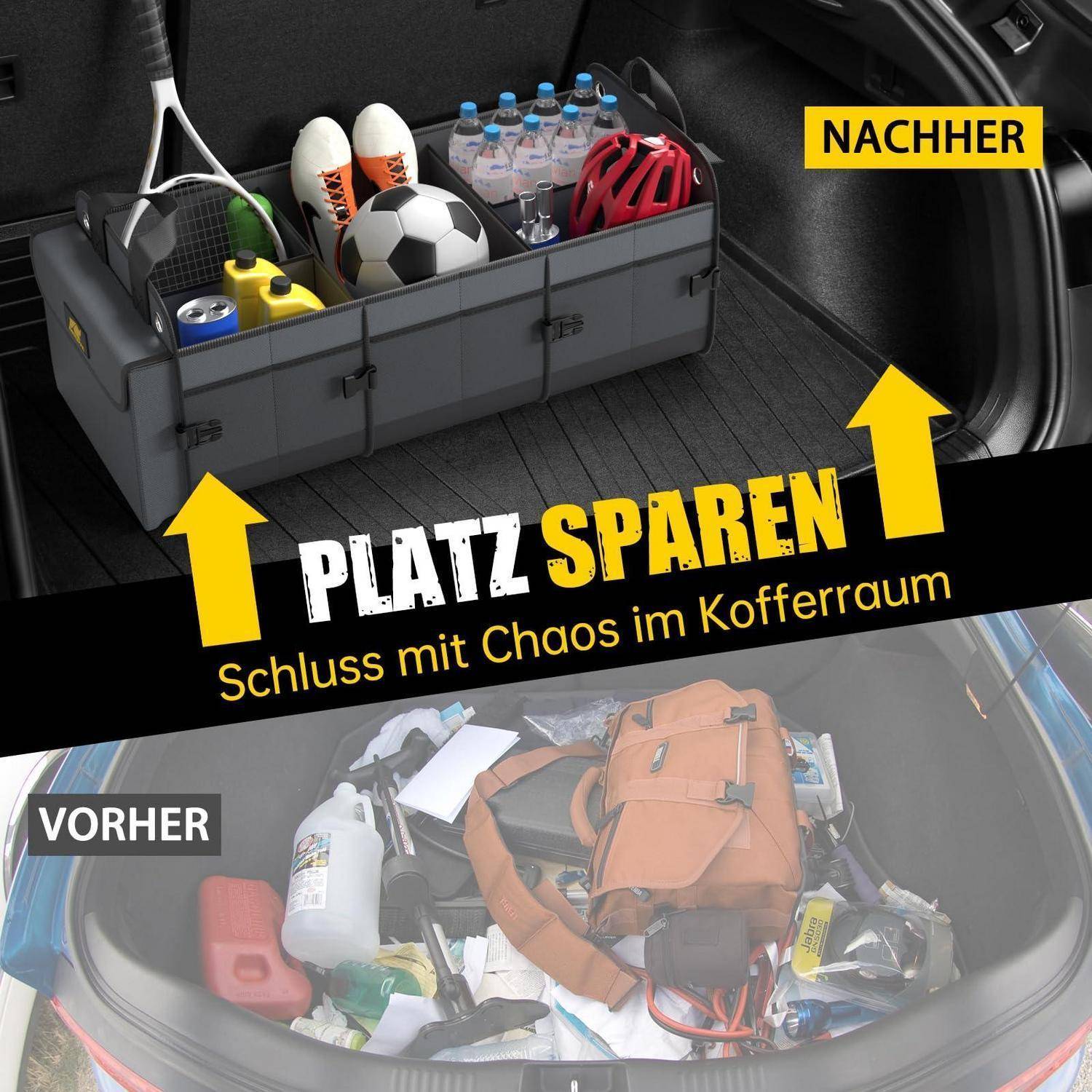 Vergleichsgrafik eines Autokofferraums vorher und nachher: Ein gefalteter Organizer schafft mehr Platz und reduziert Unordnung, beschriftet mit „VORHER" und „NACHHER"" mit „PLATZ SPAREN"".