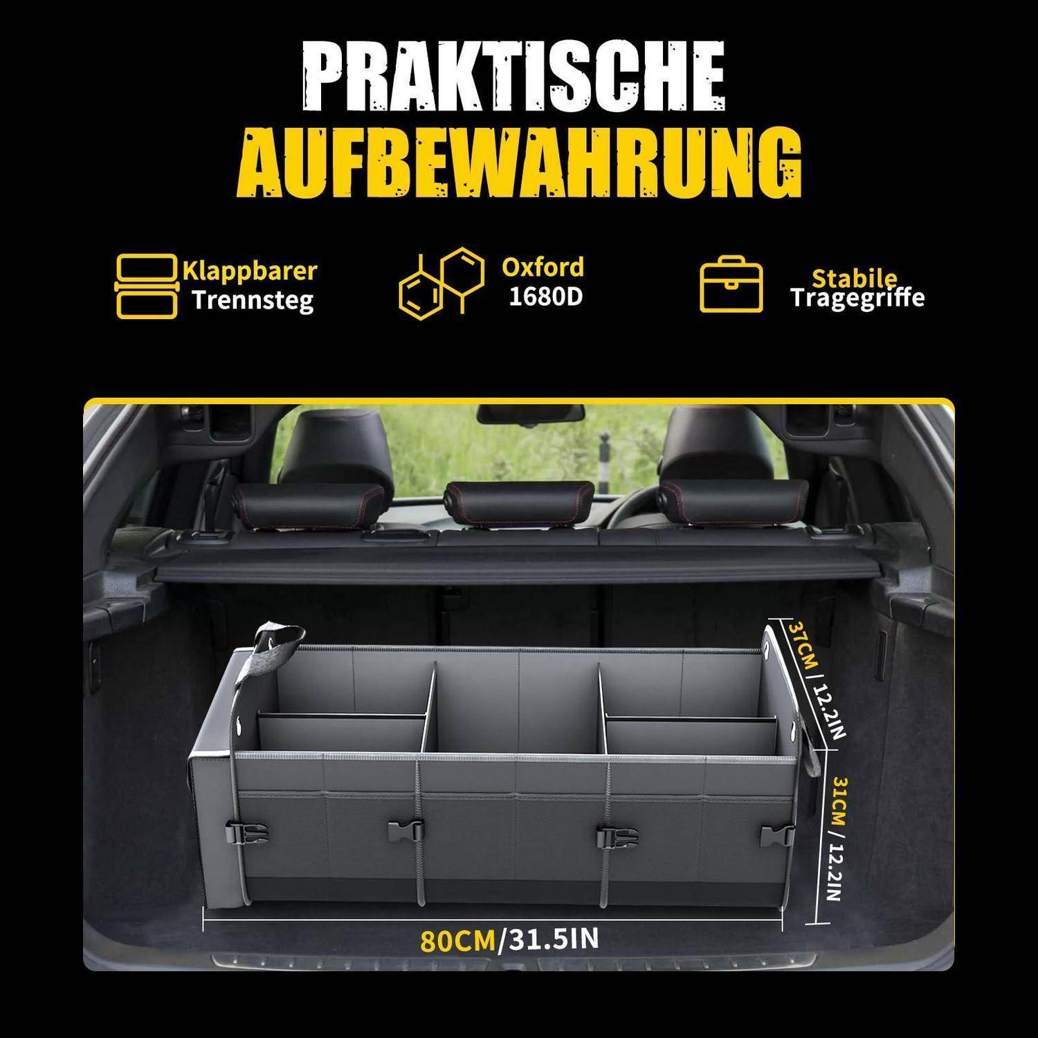 Kofferraum-Organizer in einem SUV-Ladebereich, mit der Bezeichnung „Praktische Aufbewahrung", klappbarer Trennwand, Oxford 1680D, stabilen Griffen und den Abmessungen 80 cm x 37 cm x 31 cm.