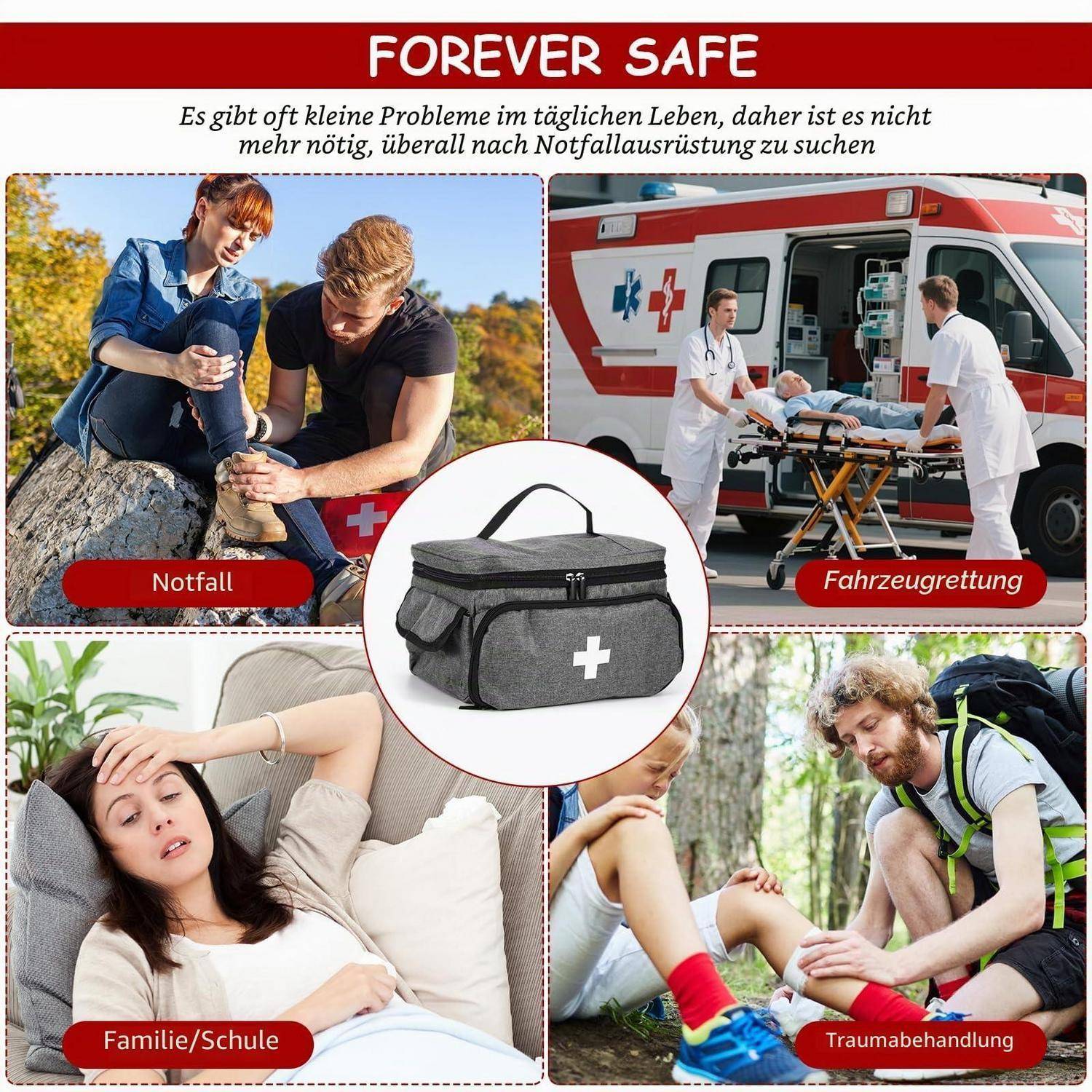 Infografik mit dem Titel „FOREVER SAFE" zeigt eine Erste-Hilfe-Tasche für Notfälle: Unfallhilfe, Krankentransport, Versorgung zu Hause/in der Schule und Traumabehandlung.
