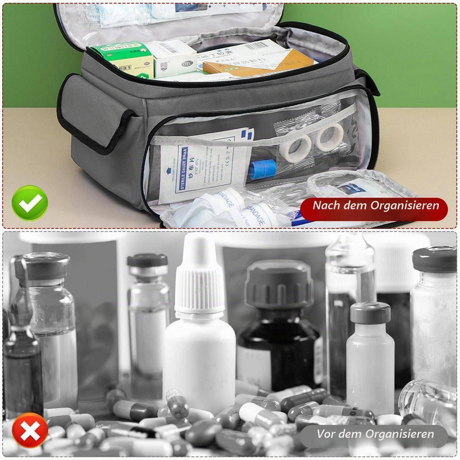 Vergleichsbild einer medizinischen Versorgungstasche nach der Organisierung, mit ordnungsgemäß gepackten und gekennzeichneten Gegenständen; darunter eine ungeordnete Ansammlung von Medikamentenflaschen und Tabletten vor der Organisierung.