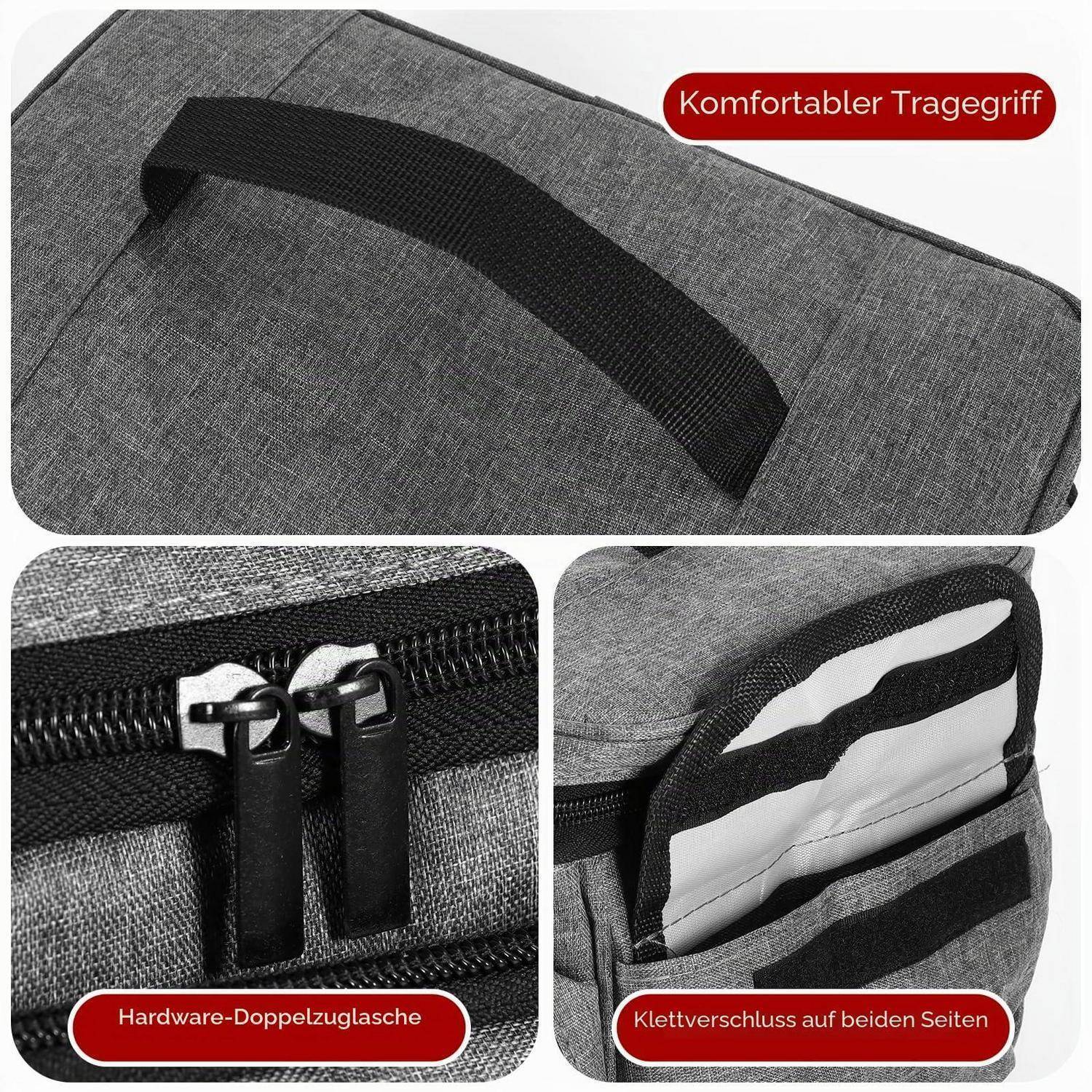 Nahaufnahme einer grauen Reisetasche mit Reißverschluss, gepolstertem Tragegriff, doppelten Reißverschlusszügen und einer Seitentasche mit Klettverschluss.