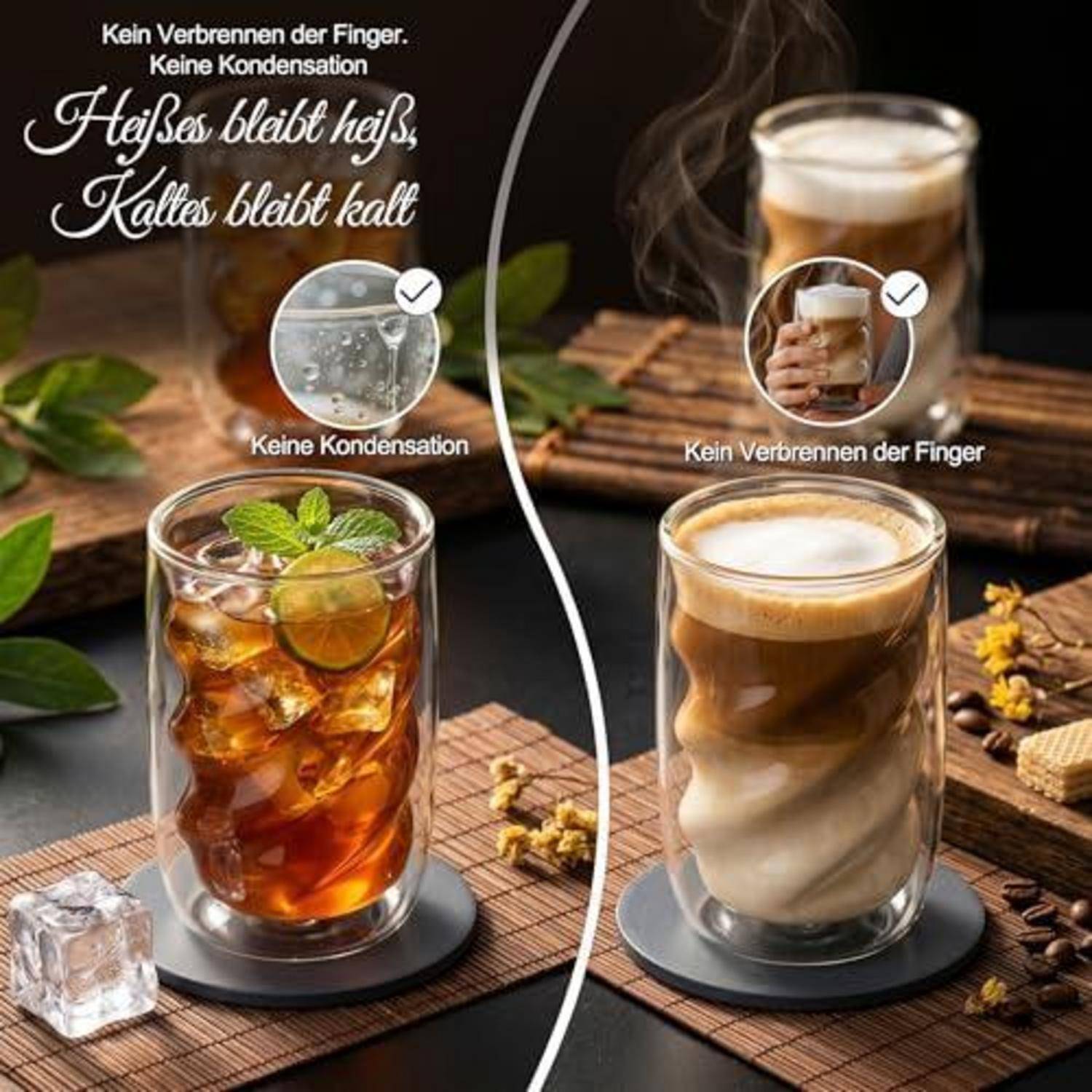 Anzeige mit isolierten durchsichtigen Gläsern: Das linke Glas mit Eistee zeigt keine Kondensation; das rechte Glas mit heißem Kaffee bleibt angenehm kühl zum Anfassen, mit deutschem Text „Heiß bleibt heiß, kalt bleibt kalt."