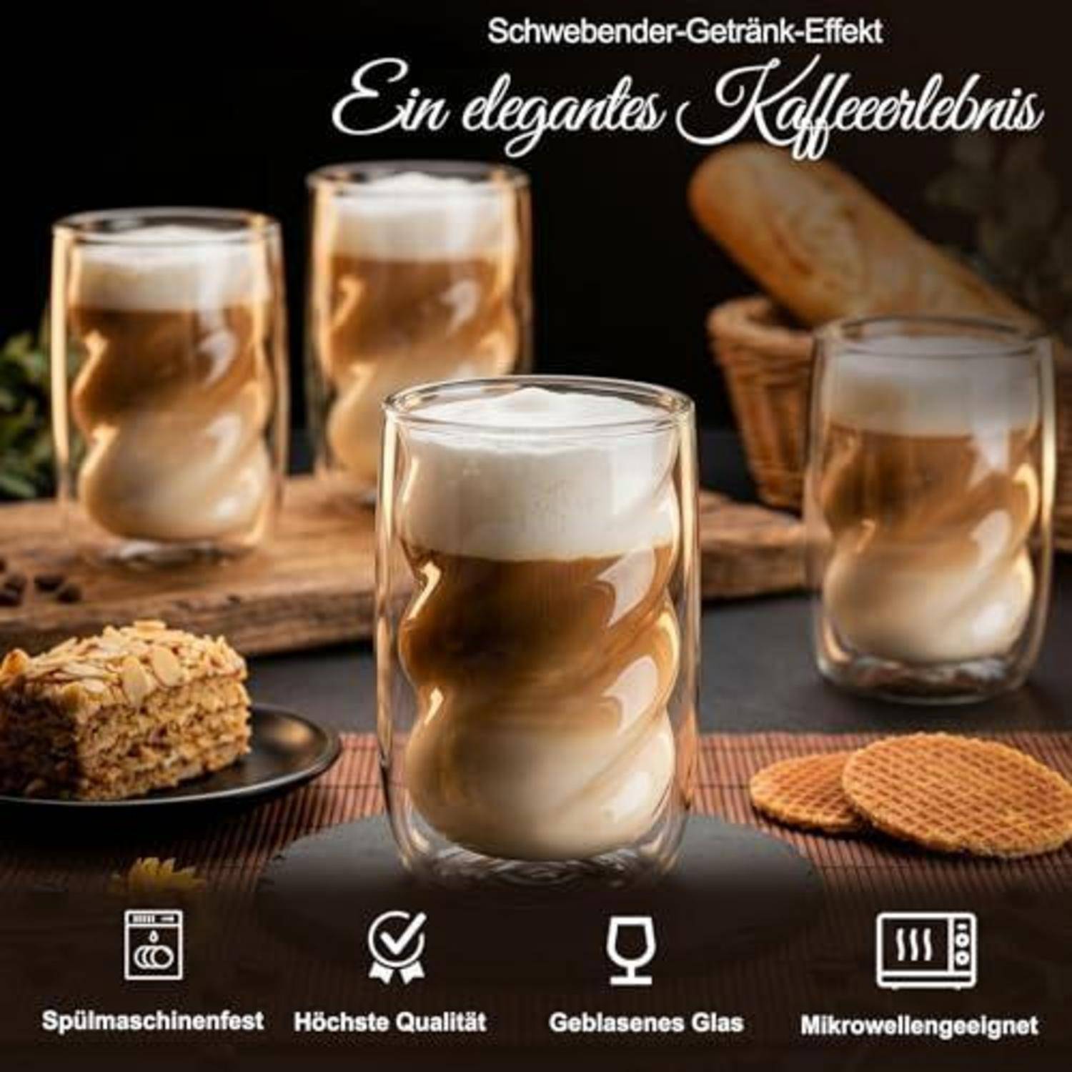 Werbebild von geschichteten Kaffeegetränken in klaren Gläsern mit dem Text „Schwebender-Getränk-Effekt" und „Ein elegantes Kaffeeerlebnis""; Ansprüche bezüglich spülmaschinenfest, hohe Qualität, mundgeblasenes Glas und mikrowellensicher.