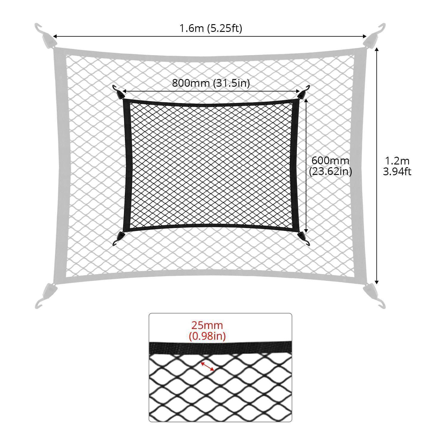Diagramm eines rechteckigen Frachtnetzs mit einer Gesamtgröße von 1,6 m x 1,2 m, innerer Öffnung von 800 mm x 600 mm und Riemenbreite von 25 mm.
