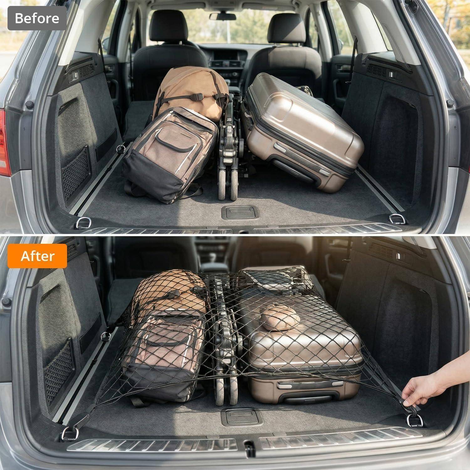 Vorher-Nachher-Ansicht eines Kofferraum-Organisators für ein Auto: loses Gepäck hinten mit einer Maschenbarriere, die hinzugefügt wurde, um Taschen zu sichern und ein Verrutschen zu verhindern.