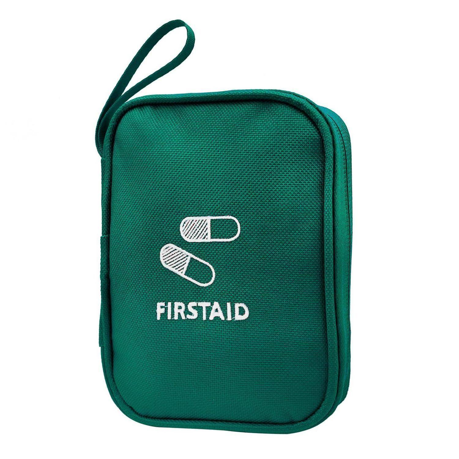 Grüner Erste-Hilfe-Beutel mit Reißverschluss und Handgelenkschlaufe, beschriftet mit „FIRSTAID