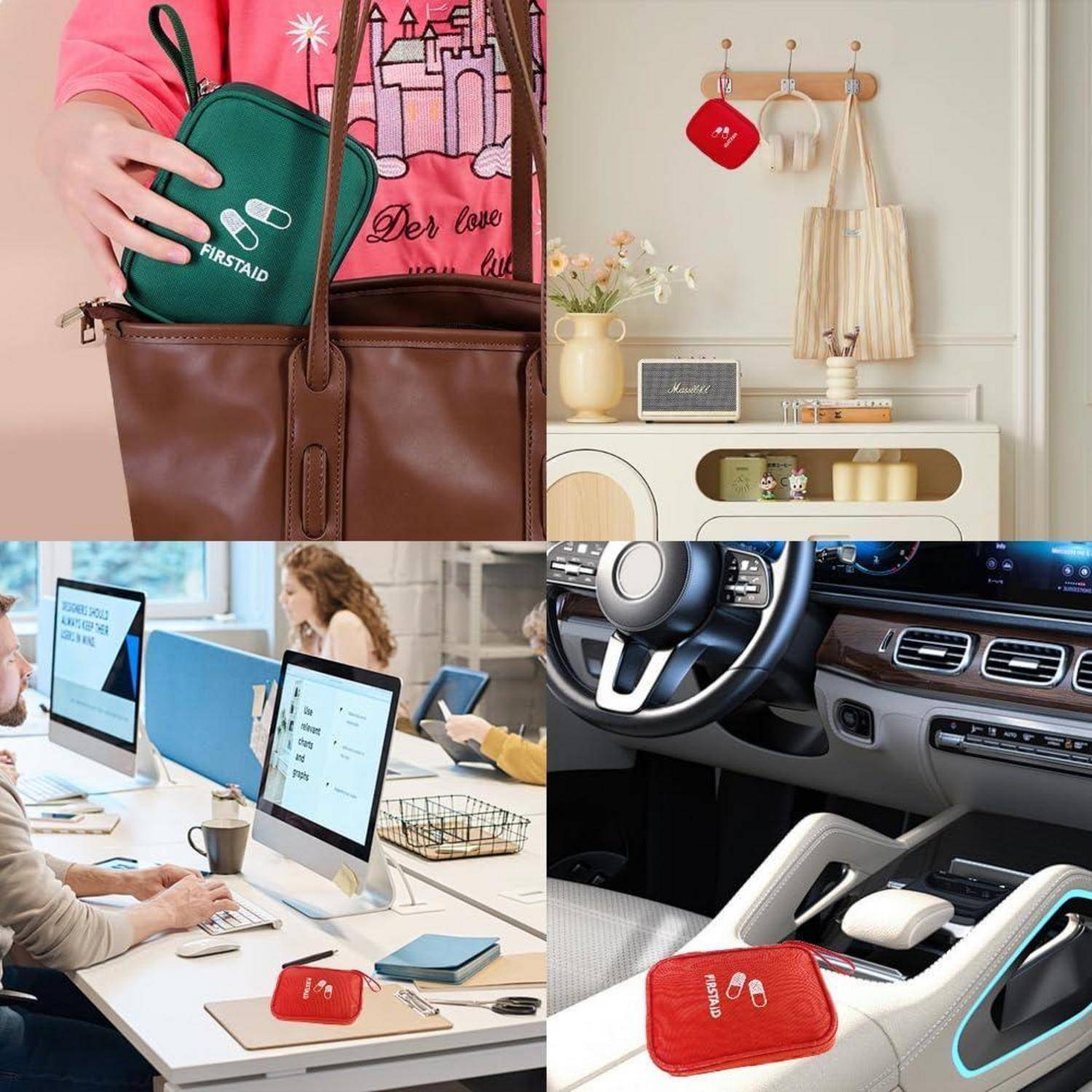 Collage mit einem kompakten Erste-Hilfe-Set in einer braunen Tragetasche, gezeigt in einem Wohn- und Büroumfeld, plus das Set in einer Auto-Mitttelkonsole für Notfallbereitschaft.