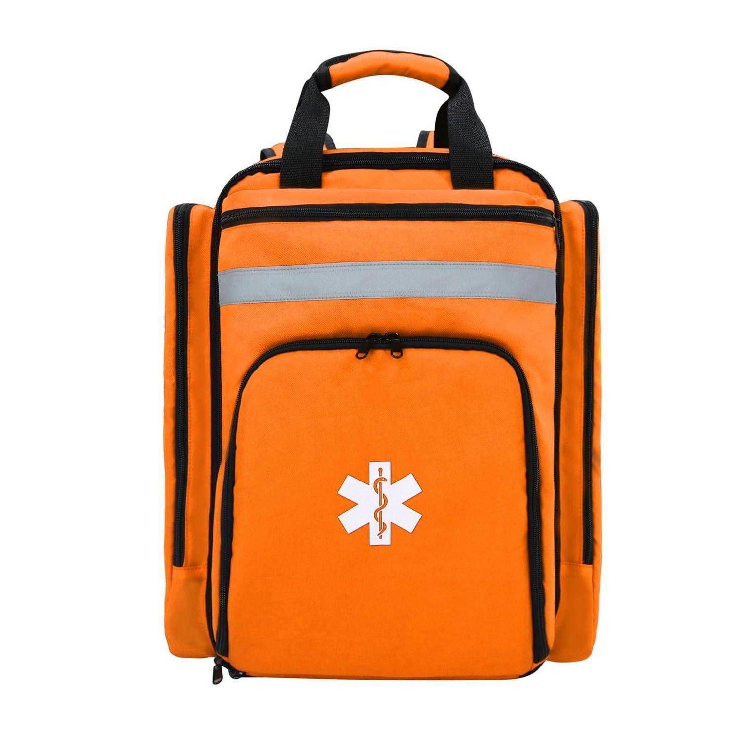 Orange medizinischer Erste-Hilfe-Rucksack mit reflektierendem Streifen, vorderem Notfallsymbol und mehreren Reißverschlussfächern.