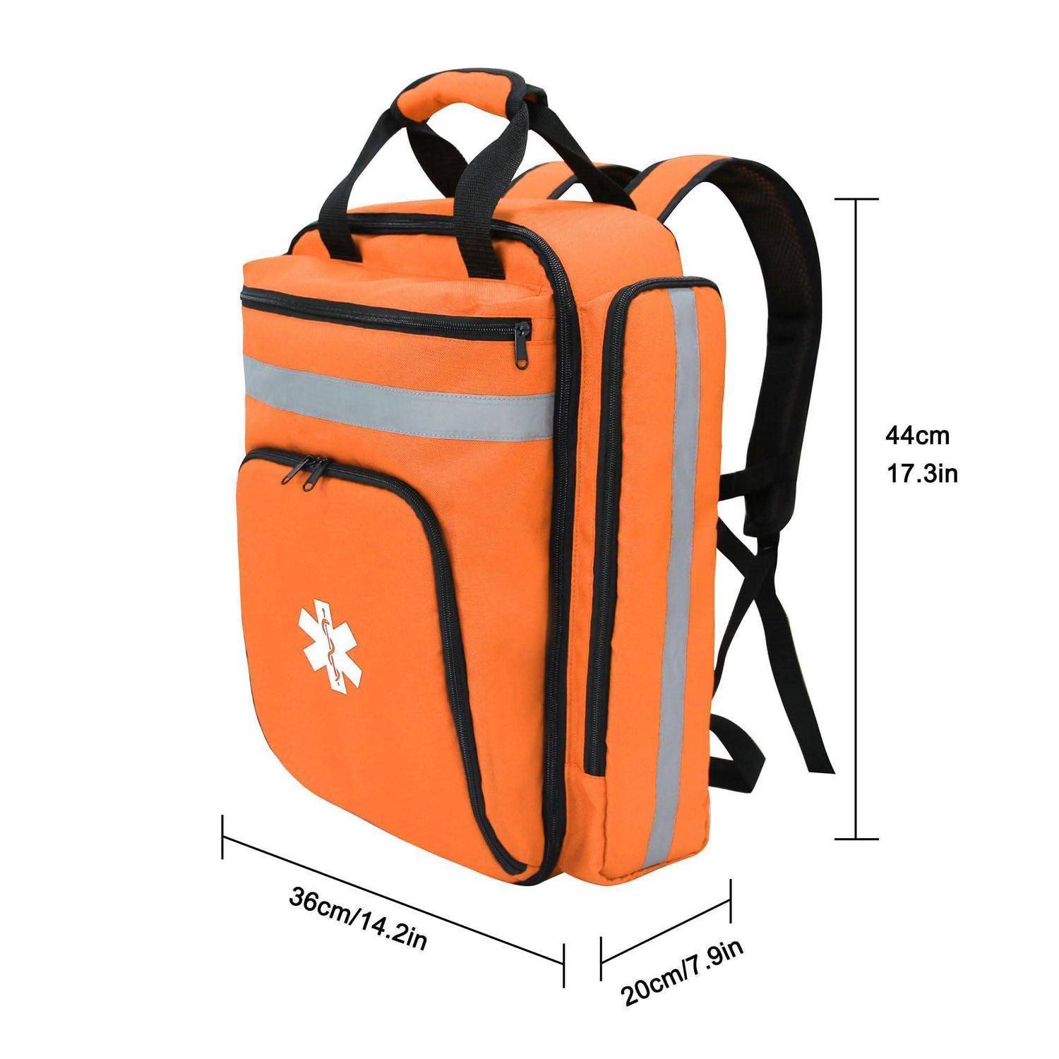 Oranger Erste-Hilfe-Rucksack mit reflektierendem Streifen, Vordertasche und Schultergurten; Abmessungen angegeben als 44 cm hoch, 36 cm breit, 20 cm tief.