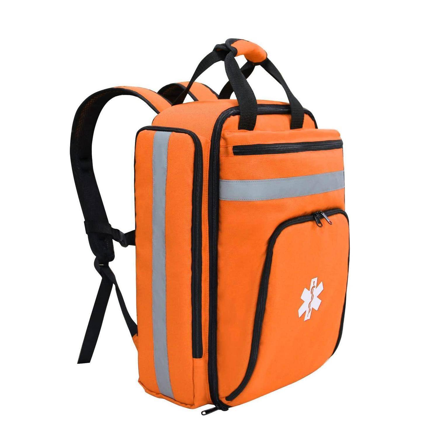 Oranger Notfall-Rucksack mit reflektierenden silbernen Streifen, mehreren Reißverschluss-Fächern und schwarzen Riemen auf weißem Hintergrund.