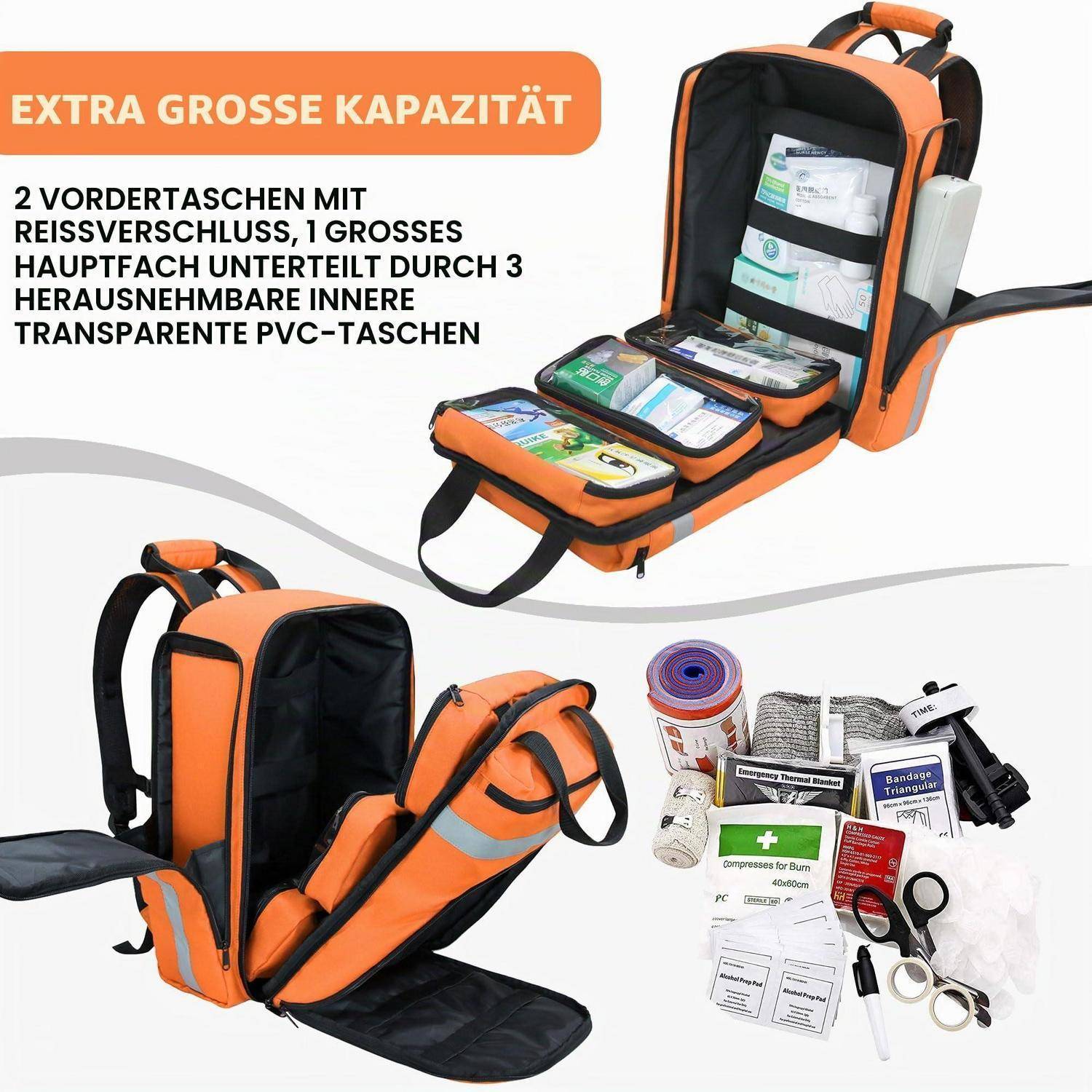 Orange-schwarzer medizinischer Rucksack mit Erste-Hilfe-Set, mehreren Reißverschlussfächern, transparenten Innentaschen und neben ihm ausgestellten Notfallausrüstungen.