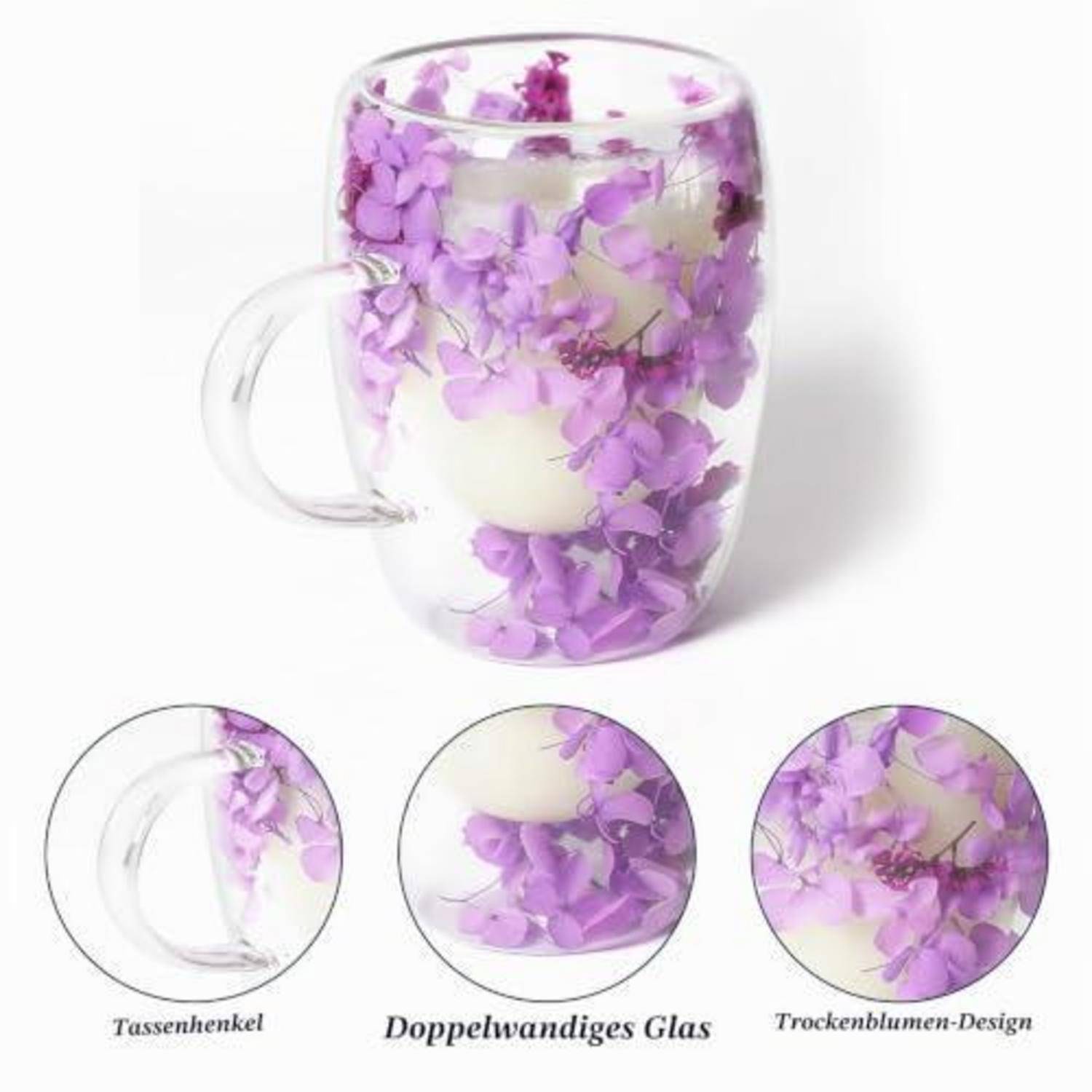 Durchsichtige doppelwandige Glastasse mit Griff, gefüllt mit violetten getrockneten Blumen und einem cremefarbenen Einsatz, mit drei Detailaufnahmen unten.