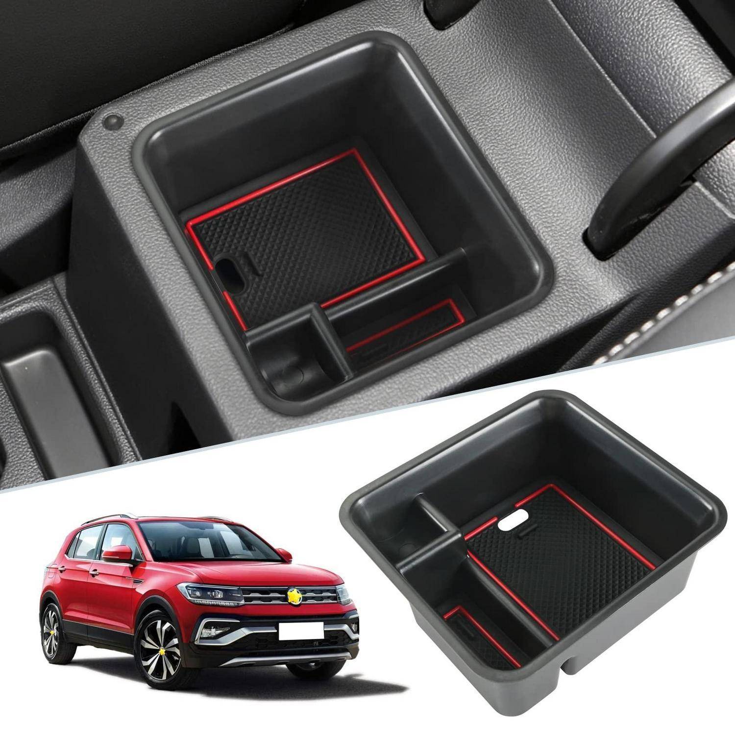Aufbewahrungsfach für die Mittelkonsole eines Autos mit roter Einfassung, dargestellt als in einem Fahrzeug installiert und als eigenständiges Zubehör neben einem roten SUV.