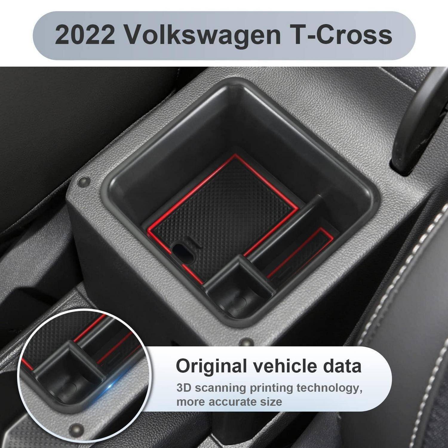 2022 Volkswagen T-Cross Mittelkonsolen-Ablagefach mit eingefügtem Detail und Text mit dem Hinweis „Originalfahrzeugdaten" und „3D-Scanning-Drucktechnologie, genauere Größe"".