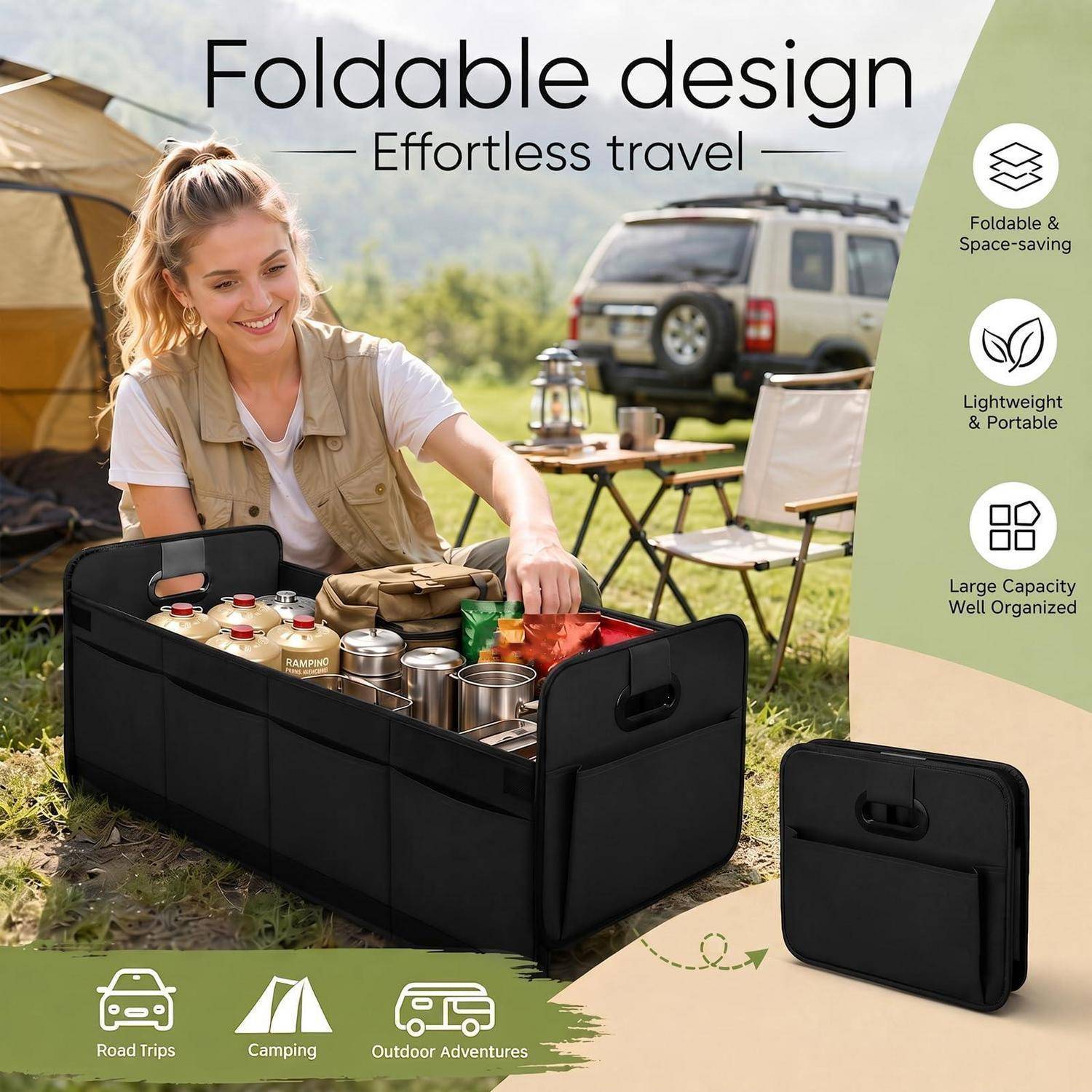 Werbebild eines zusammenklappbaren schwarzen Reisespeicher-Organizers, gefüllt mit Campingausrüstung, neben einer Frau beim Camping gezeigt; der Text hebt hervor: „Zusammenklappbares Design", „Müheloses Reisen"", „Zusammenklappbar & Platzsparend"", „Leicht & Tragbar"" und „Großes Fassungsvermögen Gut organisiert"".