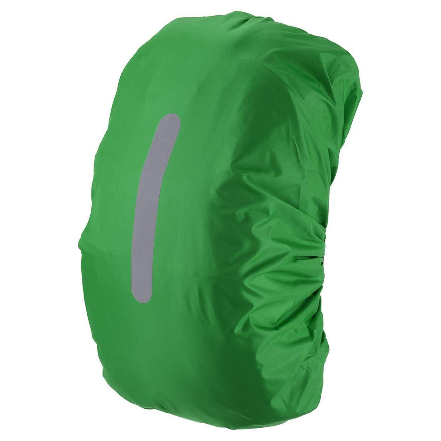 Grüne wasserdichte Rucksackabdeckung mit einem vertikalen reflektierenden Streifen auf der Vorderseite.