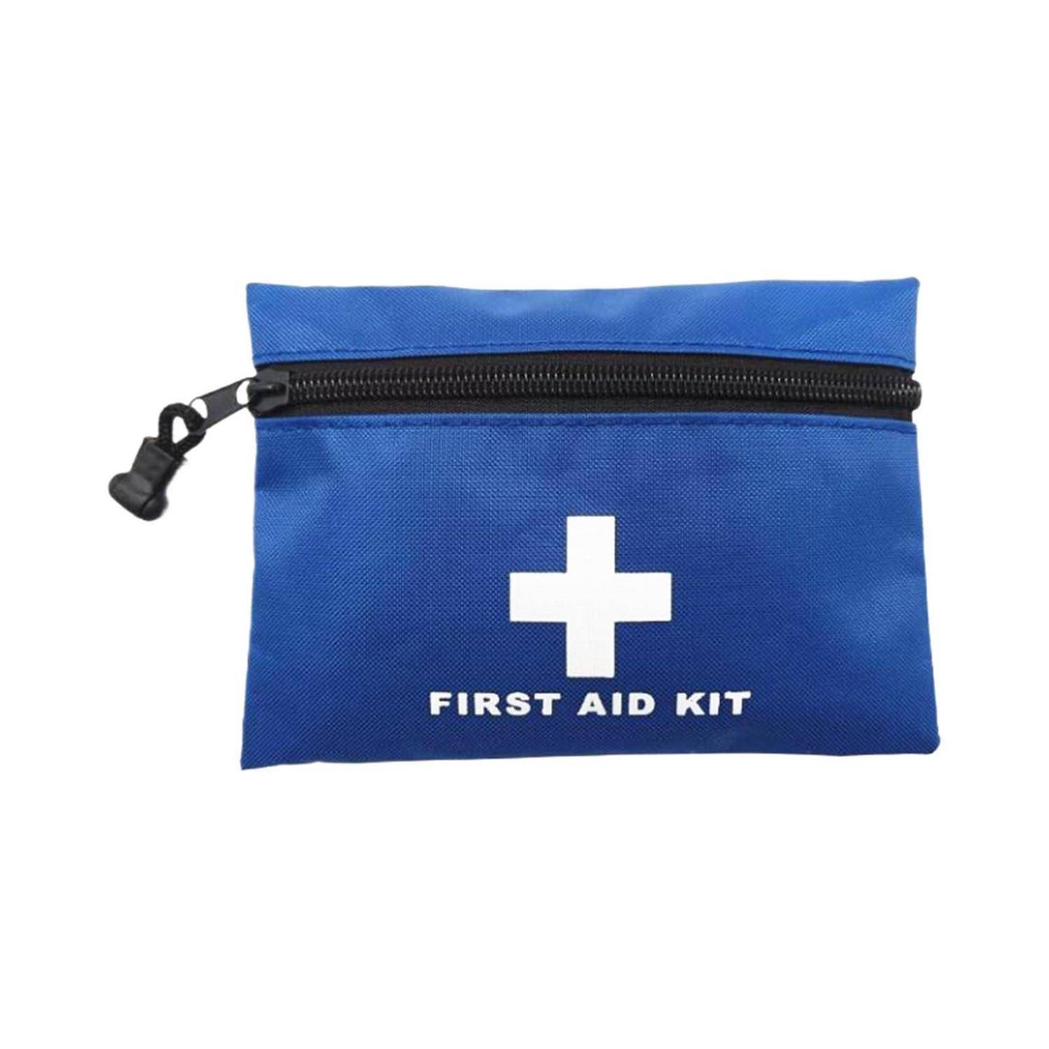 Blauer Erste-Hilfe-Beutel mit Reißverschluss, weißem Kreuz und der Aufschrift „ERSTE-HILFE-SET