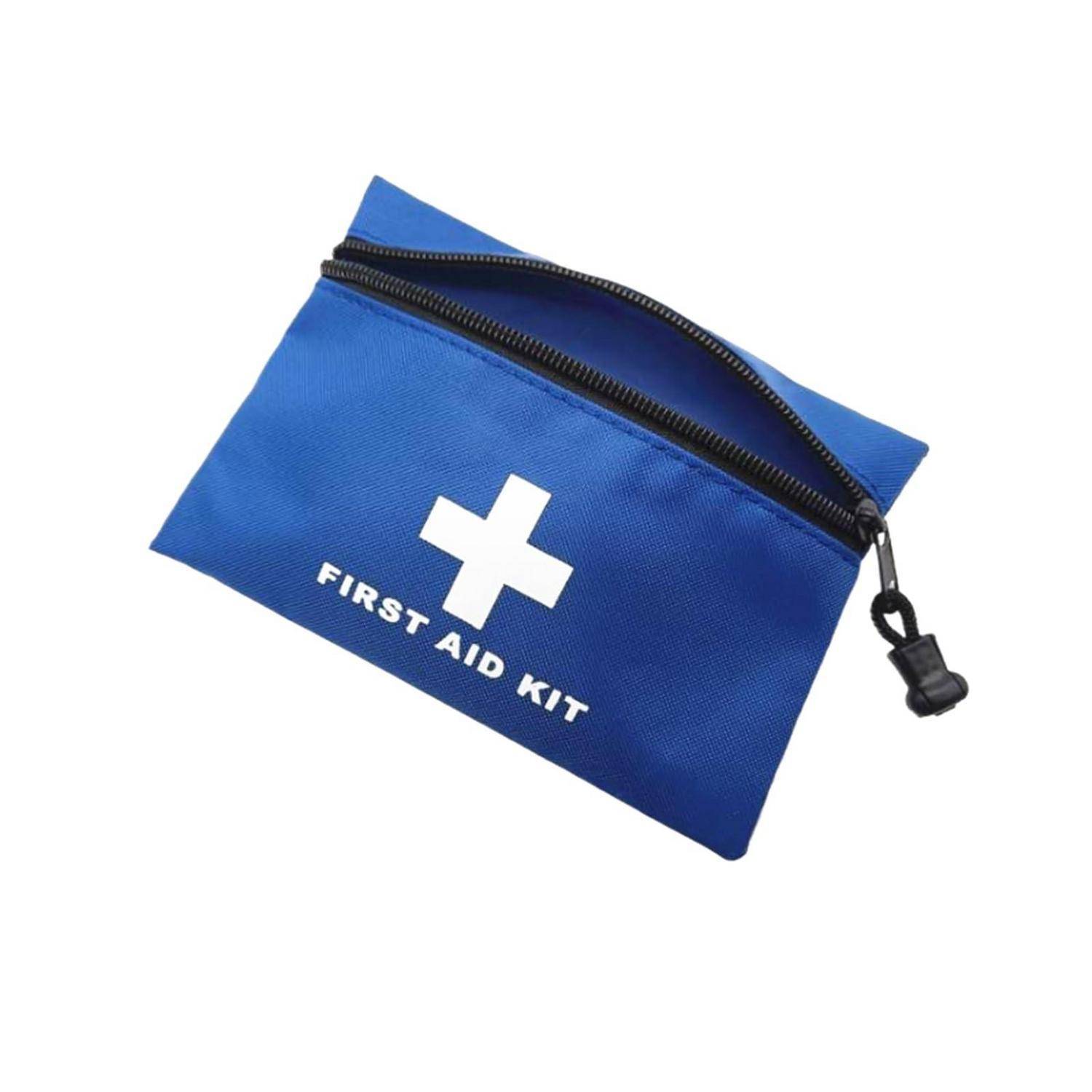 Blauer Erste-Hilfe-Set-Beutel mit weißem Kreuz und der Aufschrift "FIRST AID KIT"", teilweise aufgeöffnet gezeigt mit schwarzem Reißverschlussschieber.