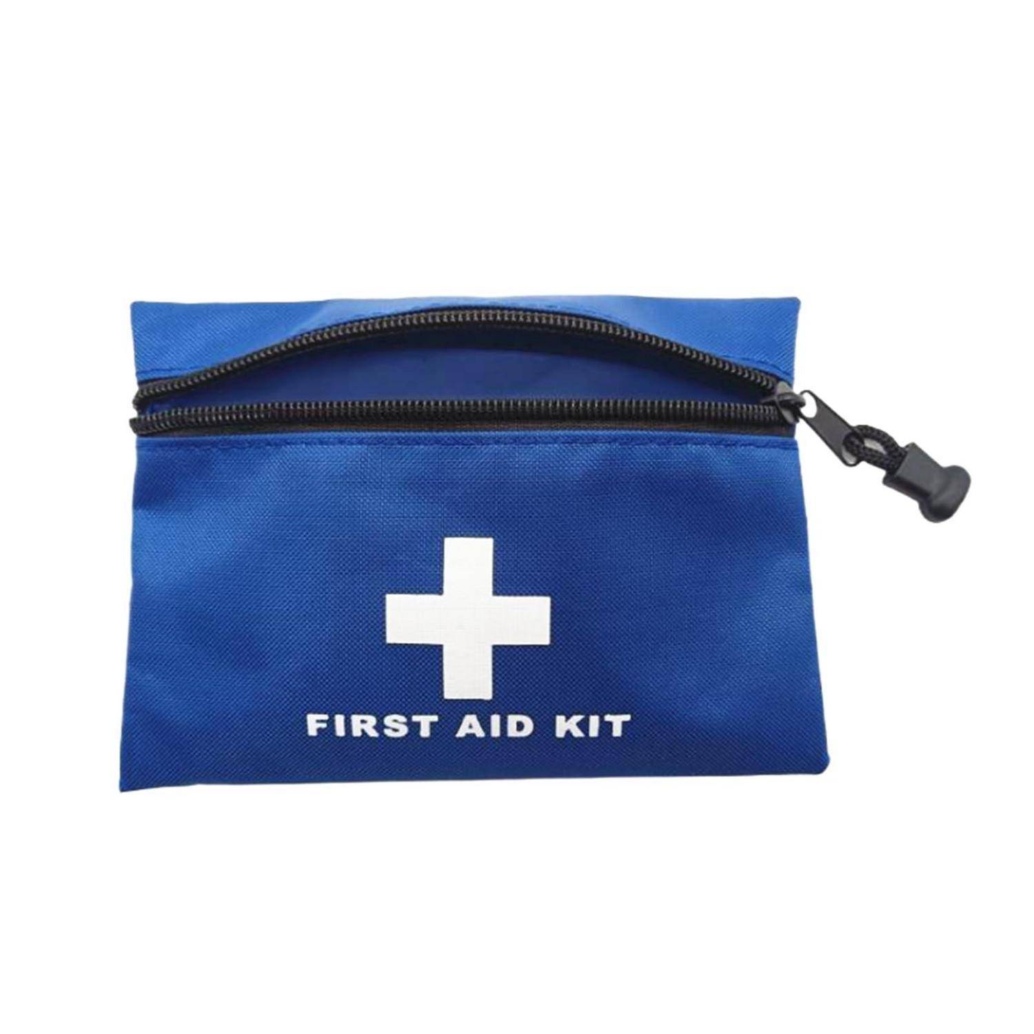 Blaue Erste-Hilfe-Tasche mit Reißverschluss, weißem Kreuz und der Aufschrift „ERSTE-HILFE-KASTEN"
