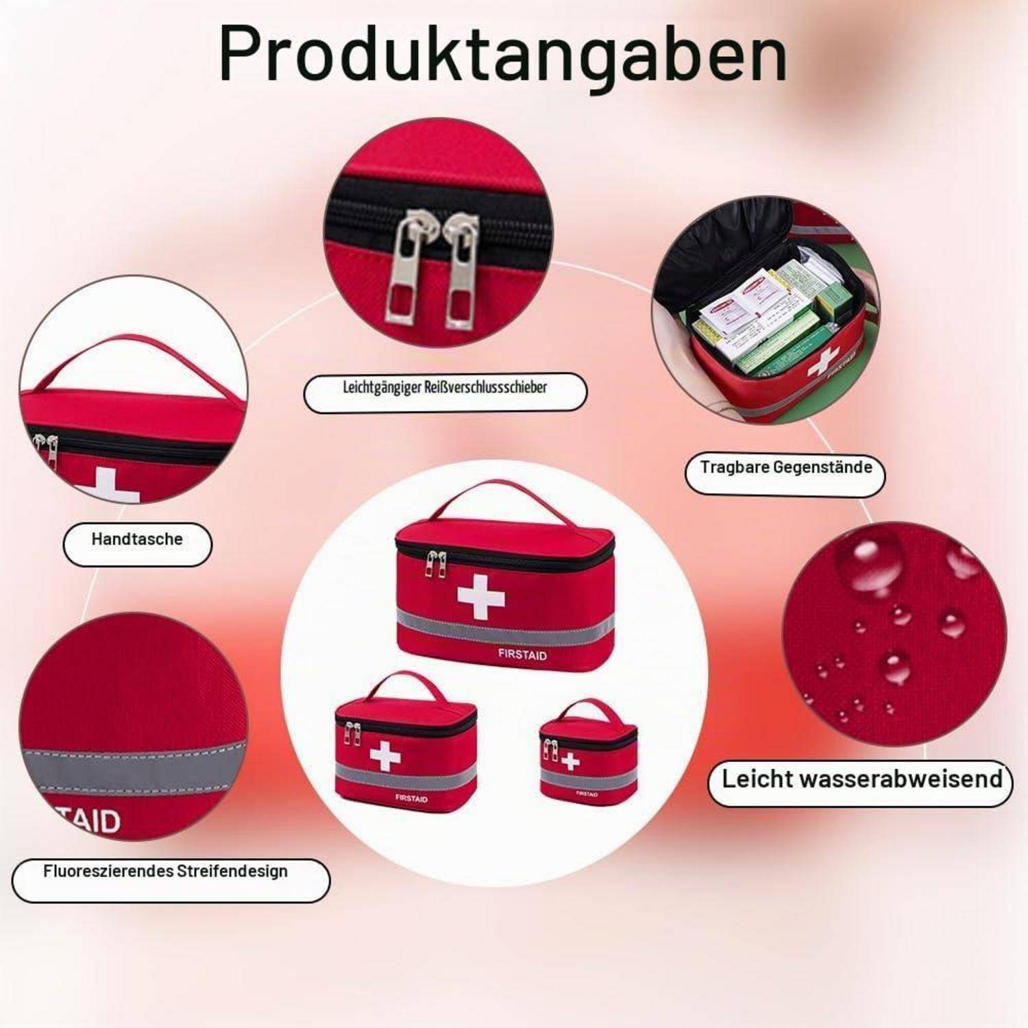 3x Erste Hilfe Tasche Rot, Oxford Stoff, Reflektierend