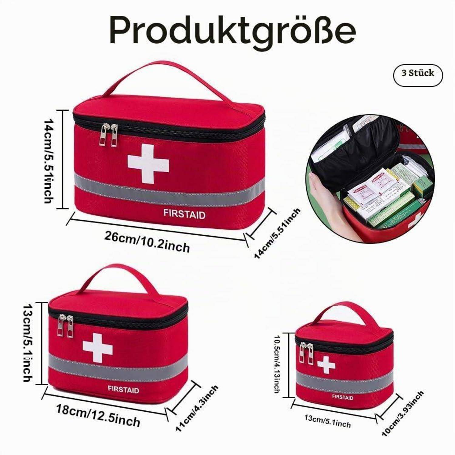 Produktgrößentabelle für einen roten Erste-Hilfe-Taschenset aus 3 Teilen, das drei Taschendimensionen und eine Ansicht einer geöffneten Tasche mit medizinischen Materialien zeigt.