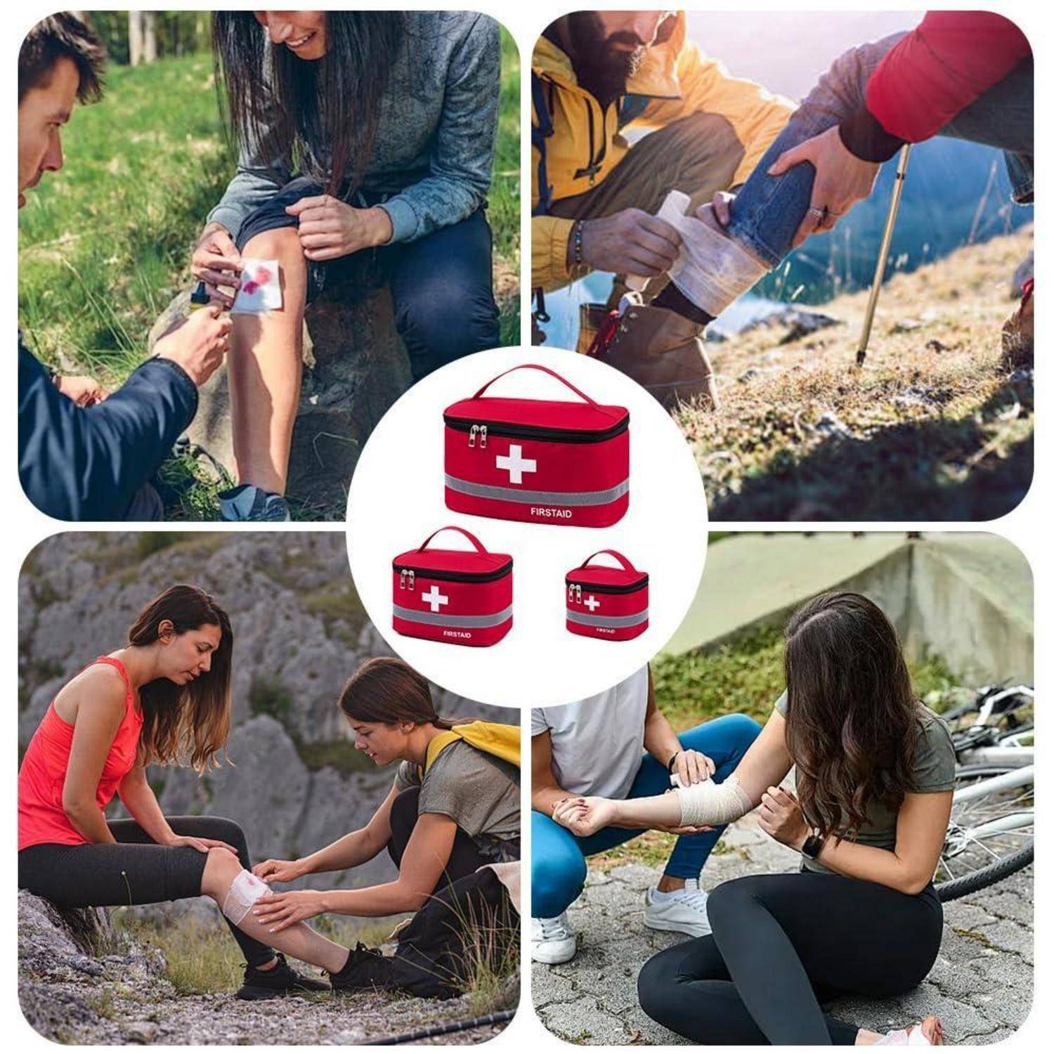 Collage von Erste-Hilfe-Taschen für die Notfallversorgung im Freien, mit Personen, die Verletzungen bei Wanderungen und neben einem Zelt verbinden.