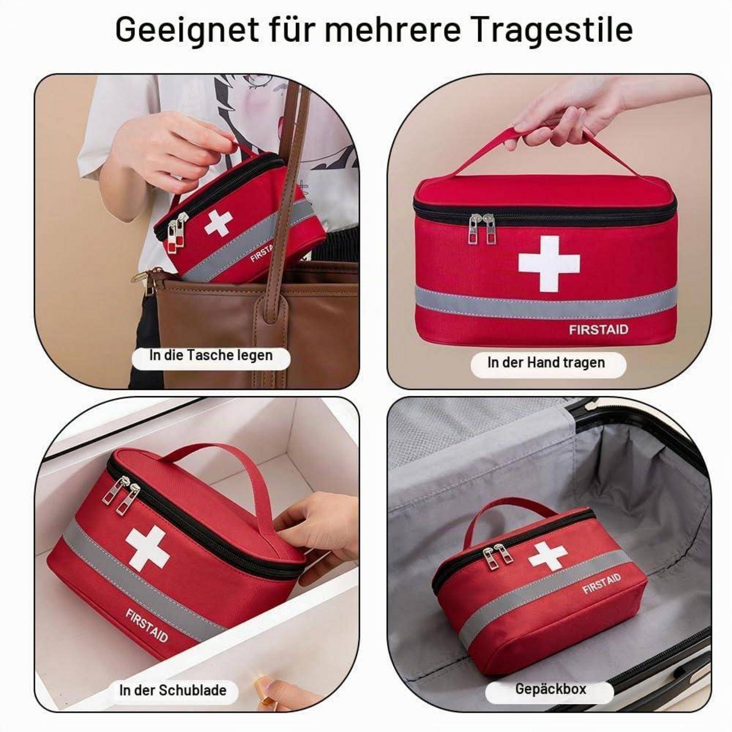 Collage einer roten Erste-Hilfe-Tasche in vier Trageoptionen: in einer Handtasche, in der Hand gehalten, in einer Schublade und in einem Autokofferraum.