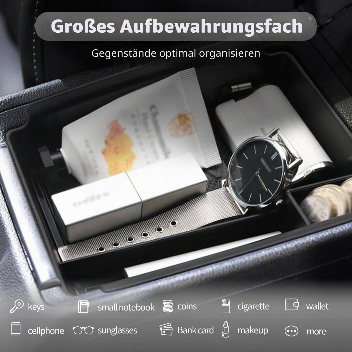 Autorganizer-Tablett mit einem großen Lagerfach, das Schlüssel, Notizbuch, Münzen, Zigarette, Geldbörse, Mobiltelefon, Sonnenbrille, Bankkarte und Makeup enthält.