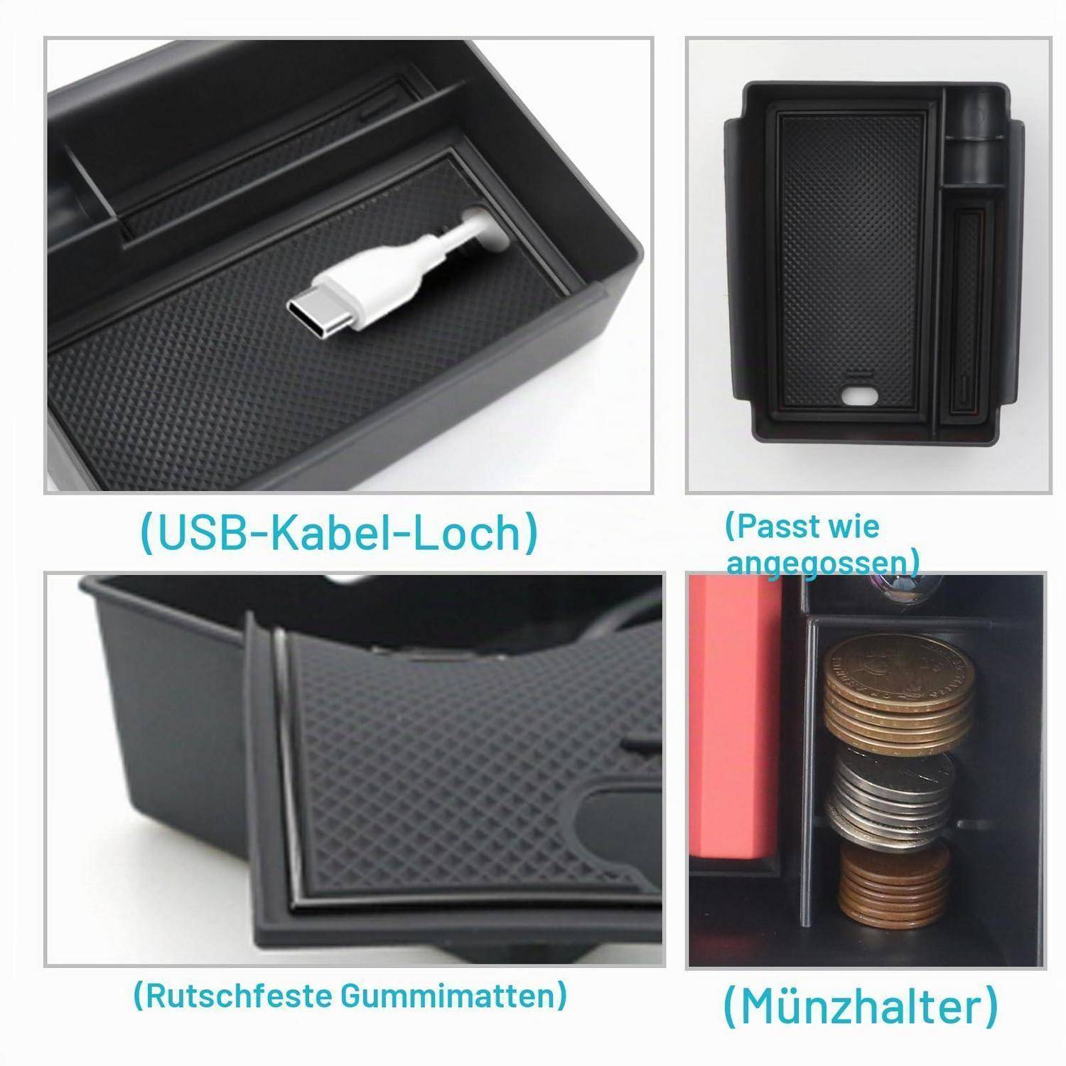 Collage eines Mittelkonsolen-Organizers für Autos mit USB-Kabel-Durchgang, geformter Passform, rutschfestem Gummibelag und Münzhalter.