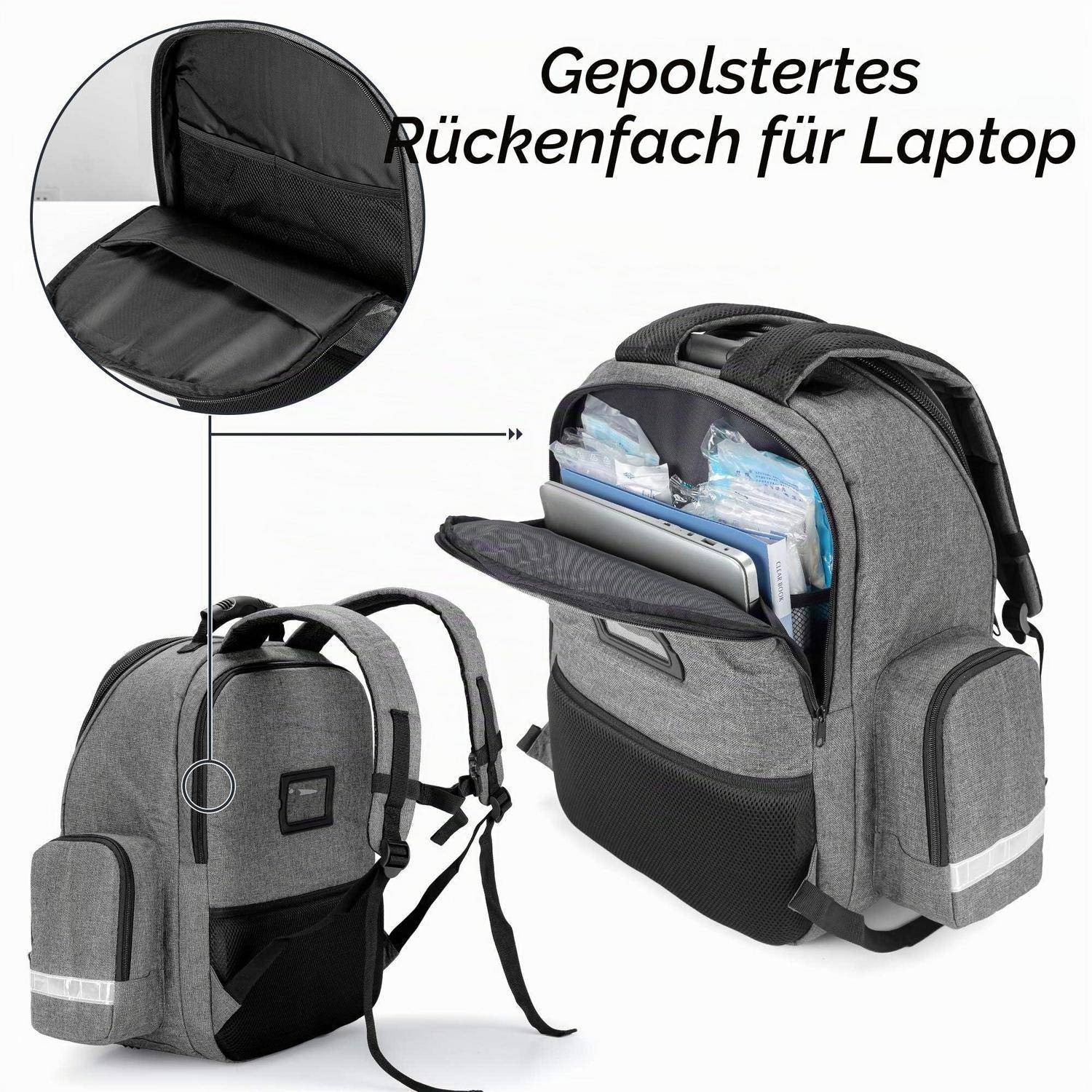 Grauer Rucksack mit gepolstertem Laptop-Fach und Organizer-Taschen vorne, geöffnet mit Büchern und Utensilien dargestellt; die Detailaufnahme zeigt das gepolsterte Rückenpanel.