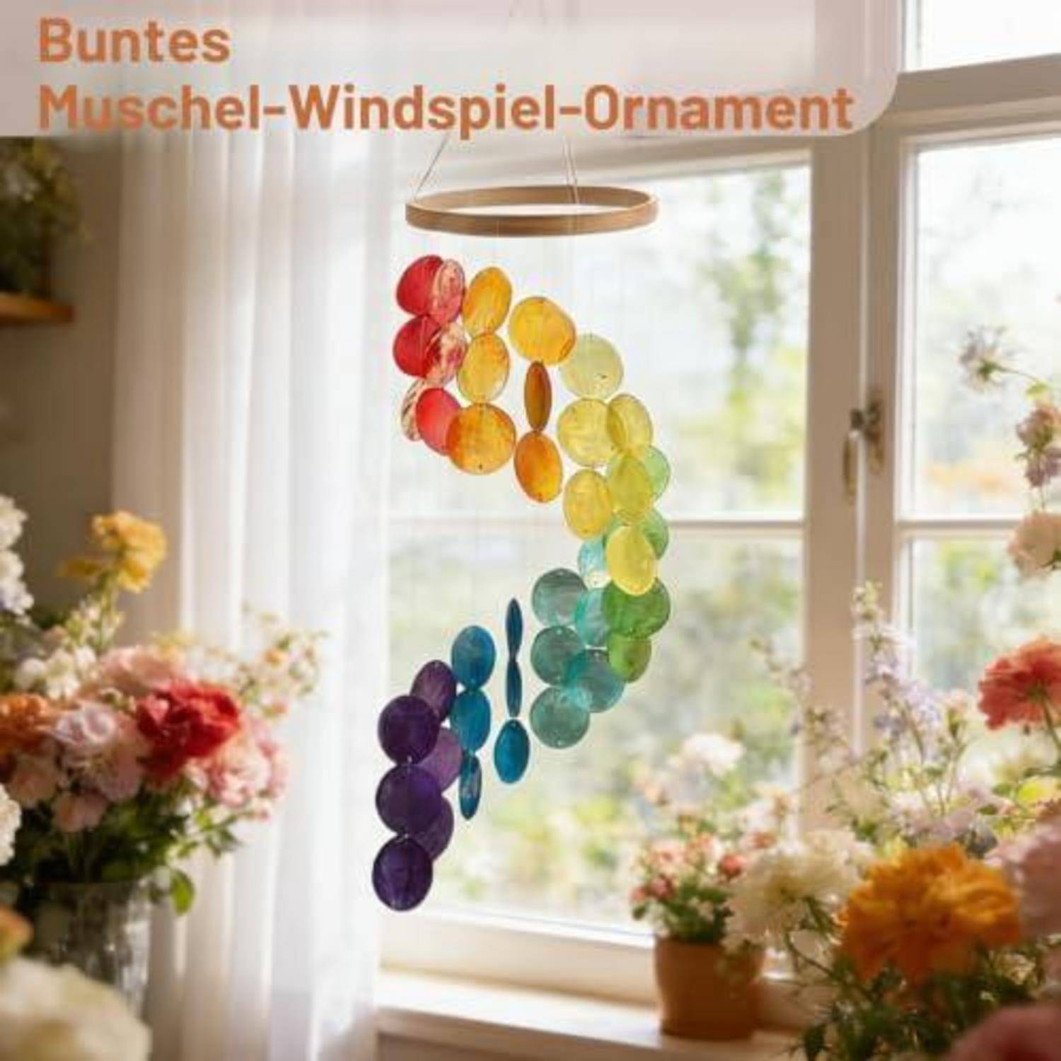 Buntes Muschelwindspiel-Ornament, das an einem Fenster hängt, in einem Regenbogenbogen von Rot bis Violett angeordnet.