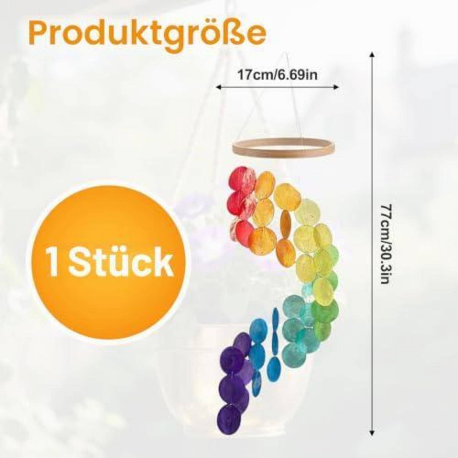 Deutsches Produktgrößen-Grafik zeigt ein hängendes mehrfarbiges Kristall-Windspiel, 77 cm hoch und 17 cm breit, beschriftet mit '1 Stück'.