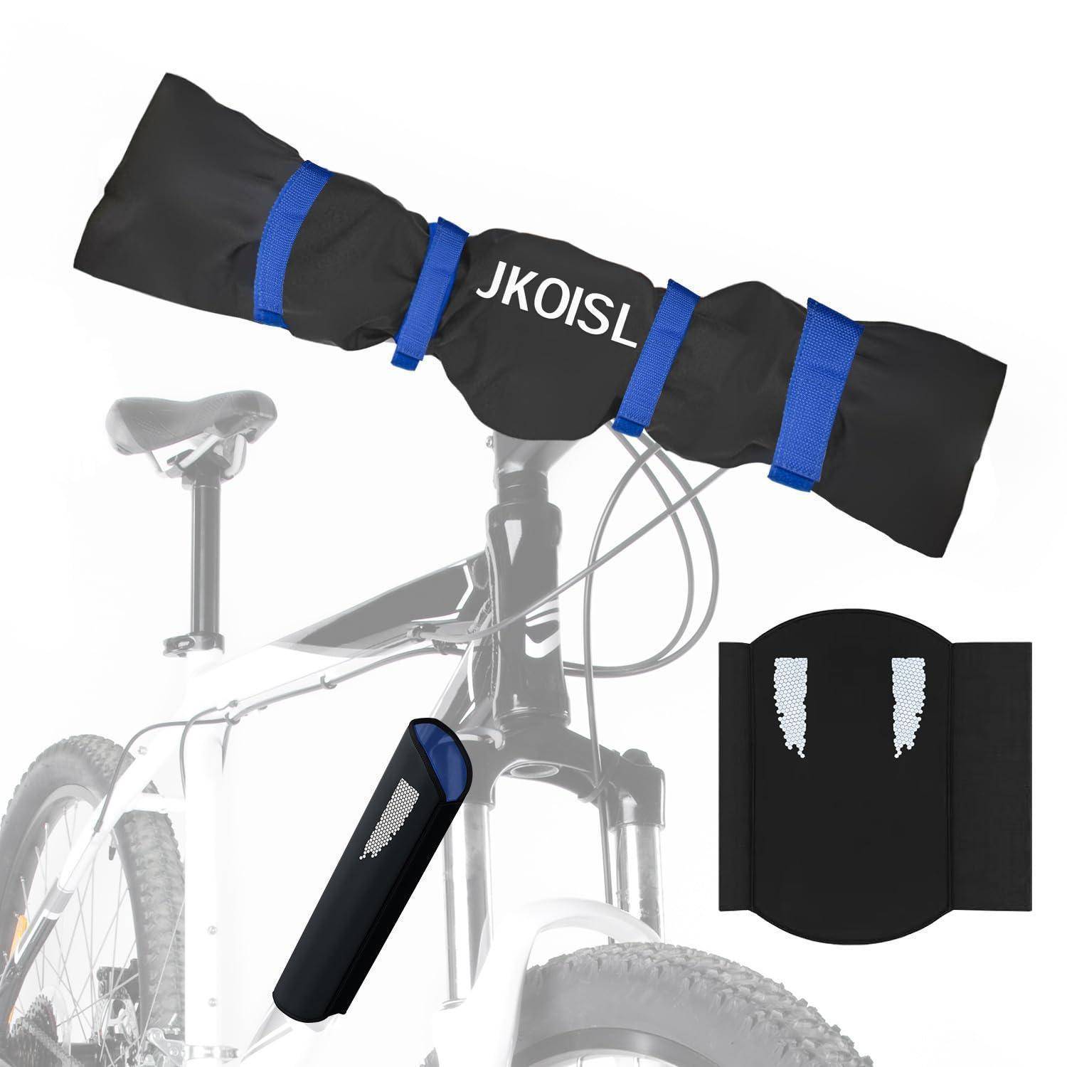 Schwarze JKOSIL-Fahrradrahmentasche mit blauen Riemen, montiert auf einem Fahrrad gezeigt; enthält Nahaufnahmen der Tasche und der Riemenbefestigungspanels.