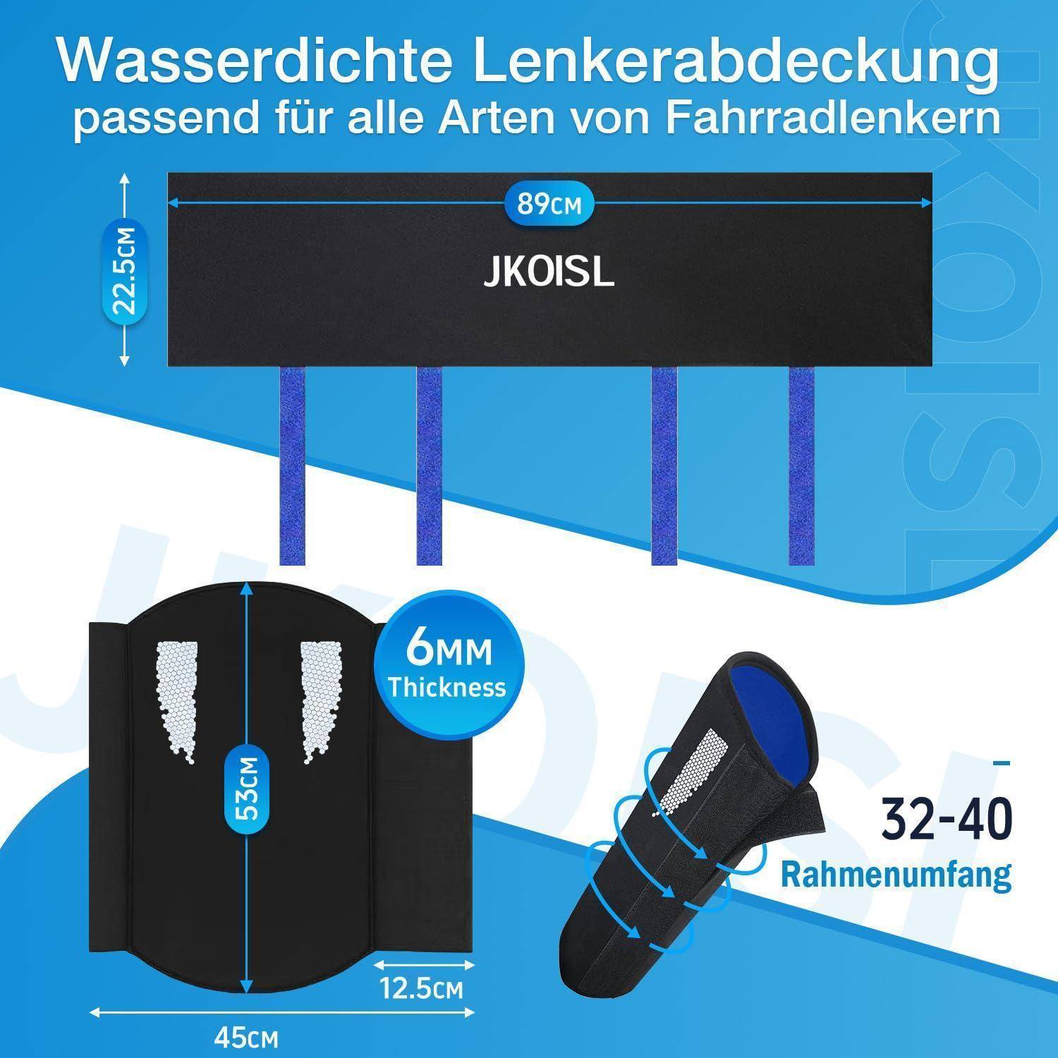 Diagramm einer wasserdichten Fahrradsattelabdeckung, die eine Größe von 89 cm x 22,5 cm, eine Dicke von 6 mm und eine Passung für einen Rahmenumlauf von 32-40 cm zeigt.