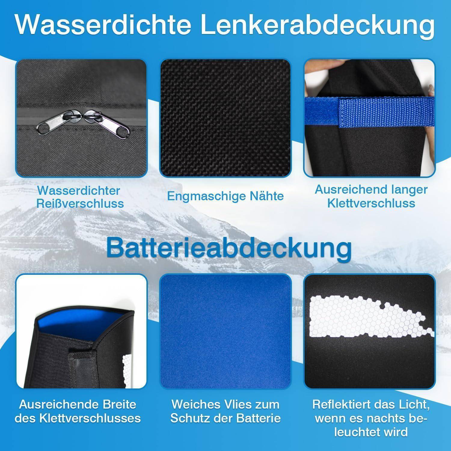 Deutsches Infografik mit Merkmalen des wasserfesten Schutzes und der Batteriefachabdeckung: wasserfester Reißverschluss, dichte Nähte, lange Klettverschlüsse, breite Klettverschlüsse, weiches Fleecefutter als Schutz und reflektierendes Futter.