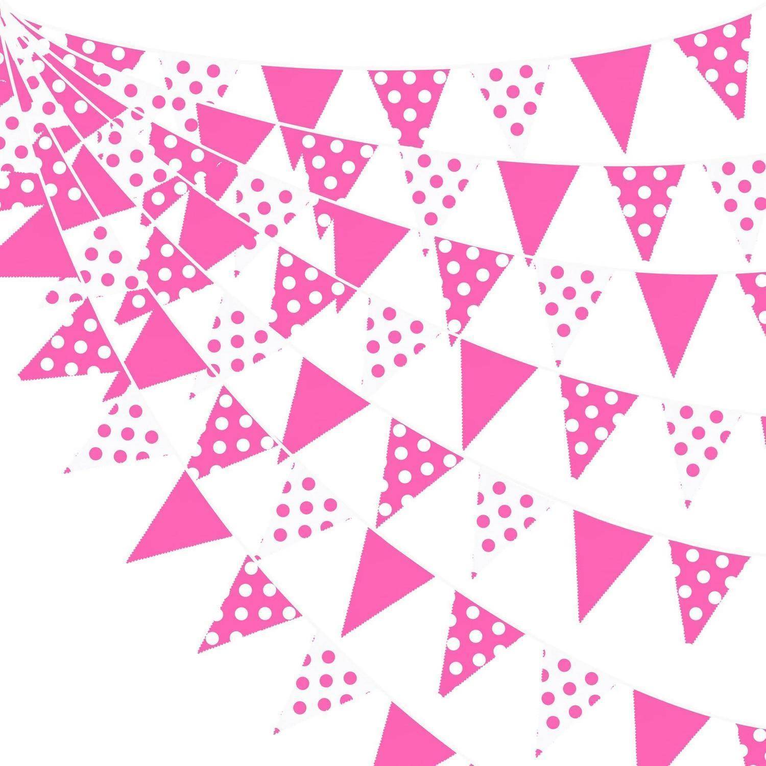 Rosa dreieckige Wimpel und gepunktete Fähnchen verstreut auf weißem Hintergrund, die ein festliches Partydekoration-Muster andeuten.
