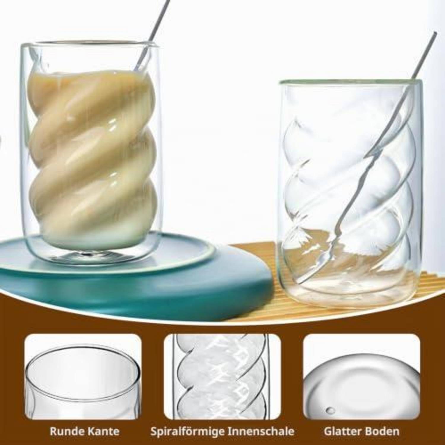 Vergleichsgrafik eines Glases mit rundem Rand, spiralförmiger Innenwand und glatter Basis auf der linken Seite versus ein klares Glas auf der rechten Seite, beschriftet auf Deutsch: 'Runde Kante', 'Spiralförmige Innenschale', 'Glatter Boden'.