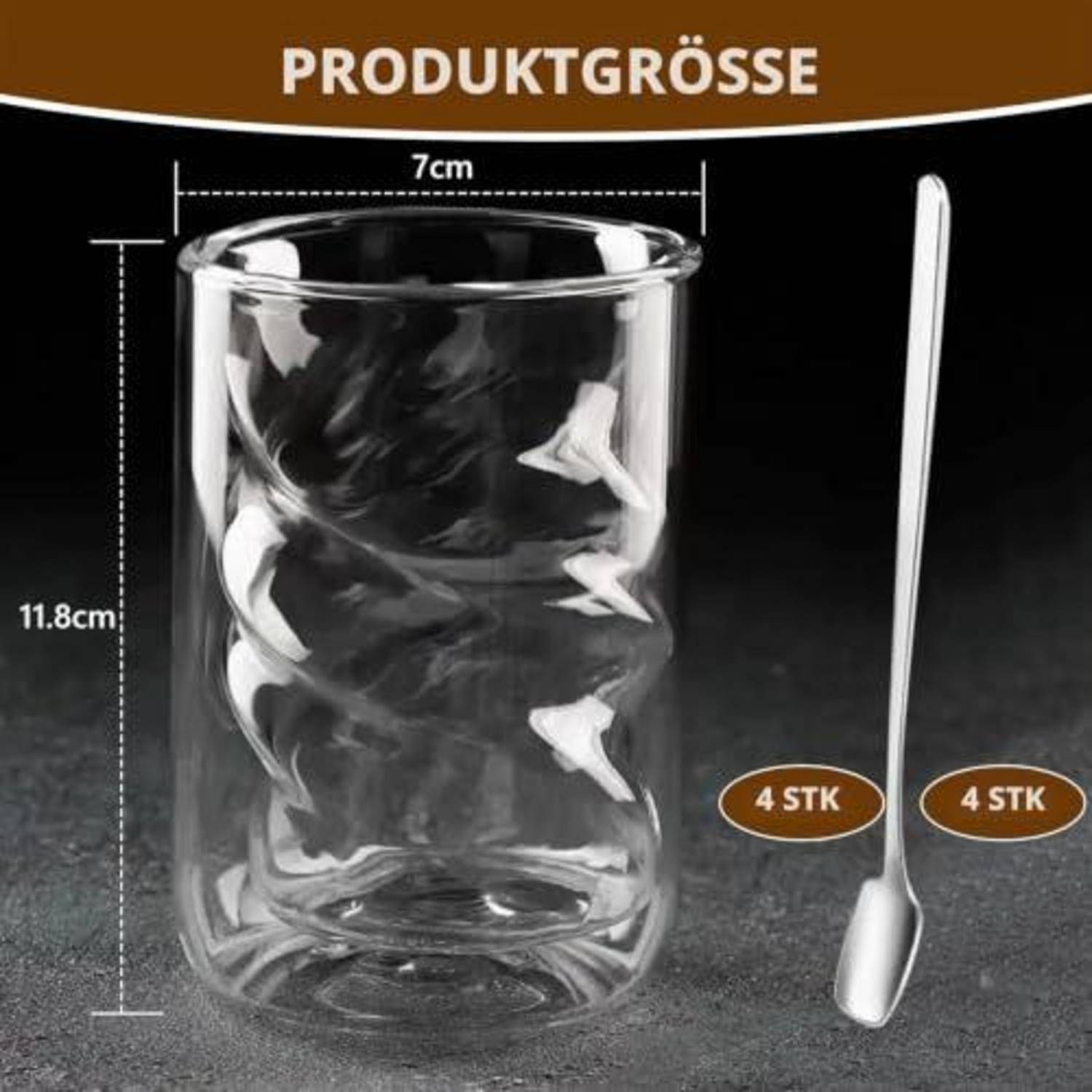 Produktgrößenbild mit einem durchsichtigen Glaskopf und einem Metalllöffel; der Becher misst 7 cm breit und 11,8 cm hoch, mit „4 STK"-Etiketten, die ein vierteiliges Set anzeigen.