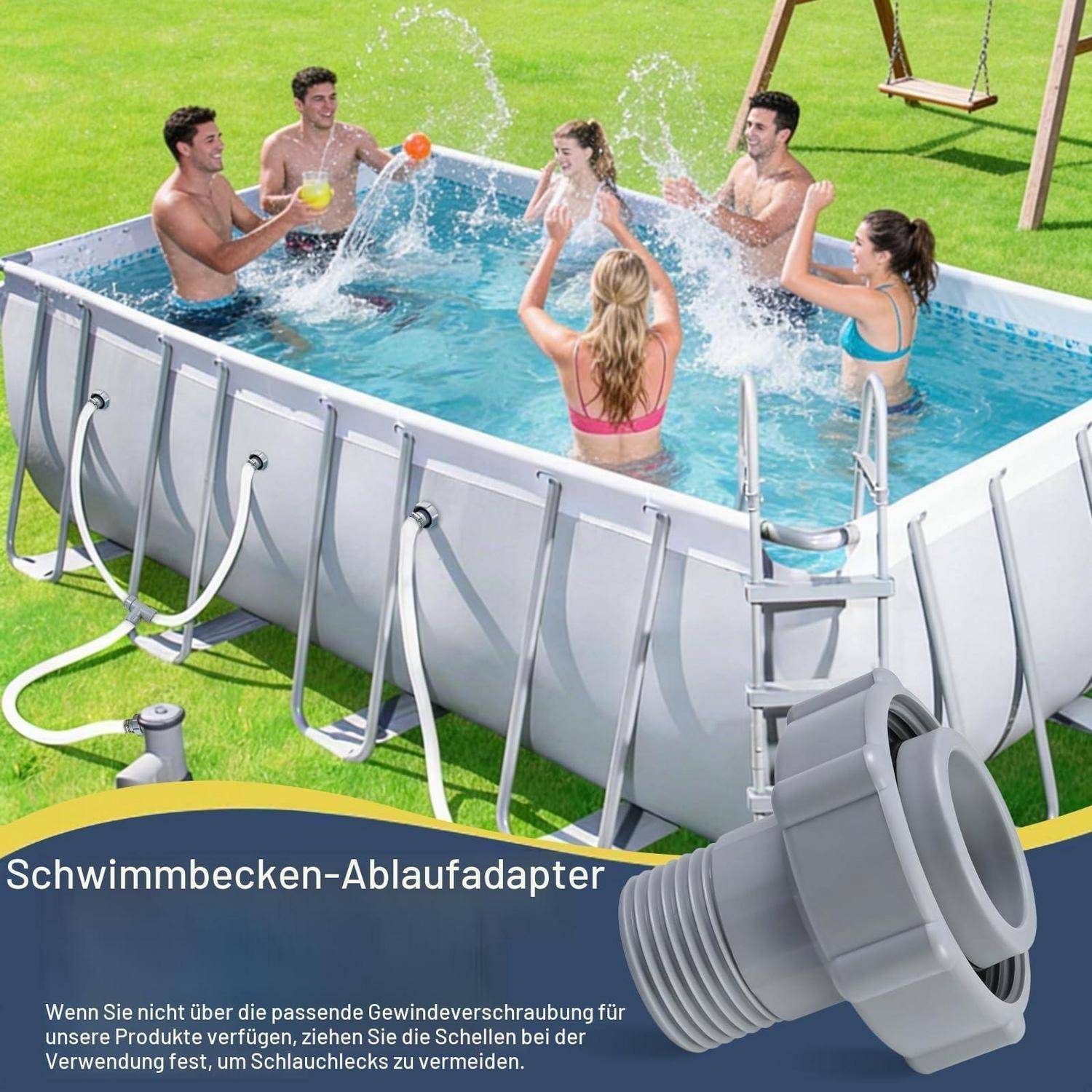Menschen spielen Volleyball in einem Hinterhof-Aufstellpool, wobei ein Poolablaufadapter im Vordergrund gezeigt wird und der deutsche Text „Schwimmbecken-Ablaufadapter