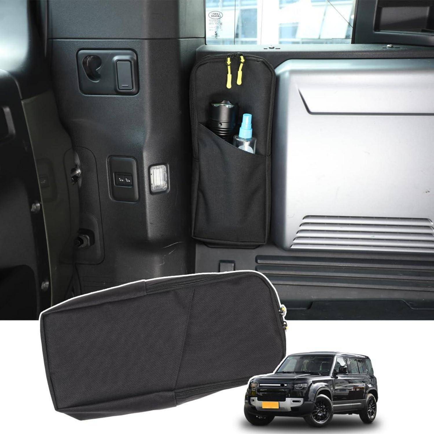 Schwarze Organizer-Tasche, die in einer Fahrzeugkabine montiert ist und kleine Gegenstände hält; die Produktabbildung zeigt die Tasche und einen schwarzen SUV.