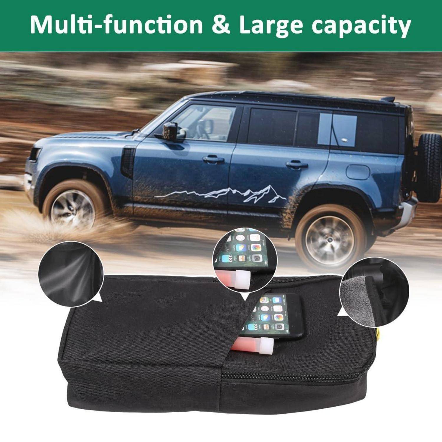 Schwarzer Multifunktions-Autositzorganizer/Kissen mit Reißverschlussbezug und Aussparung zum Laden, dargestellt mit Telefon oben und SUV-Fahrt oben; Text sagt "Multifunktional & Große Kapazität"".