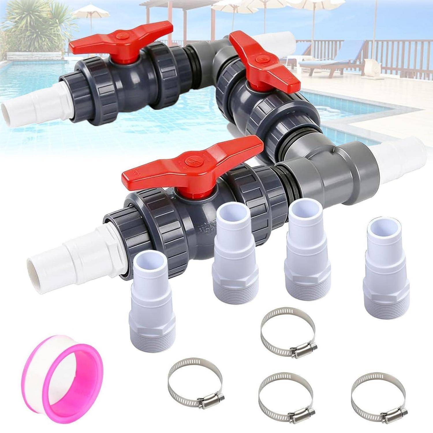 Zwei PVC-Kugelventil-Baugruppen mit weißen Rohradaptern, vier Verbindungsfittings, vier Schlauchschellen und zwei rosa Dichtungen für Poolinstallationen.
