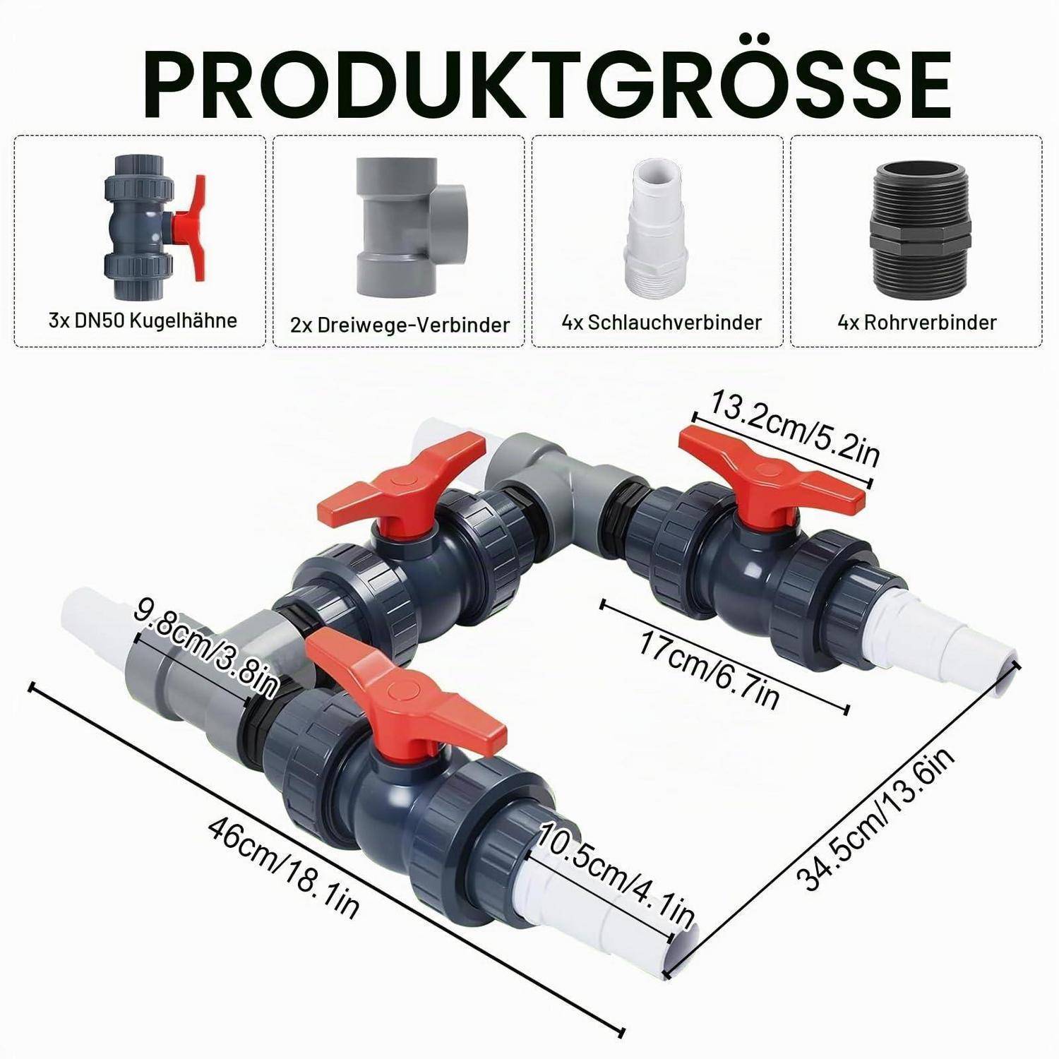 Größendiagramm für PVC-Rohrverschraubungssatz: 3 DN50-Kugelhähne, 2 Drei-Wege-Verbinder, 4 Schlauchverbinder und 4 Rohrverschraubungen, mit Gesamtabmessungen in cm und Zoll gekennzeichnet.