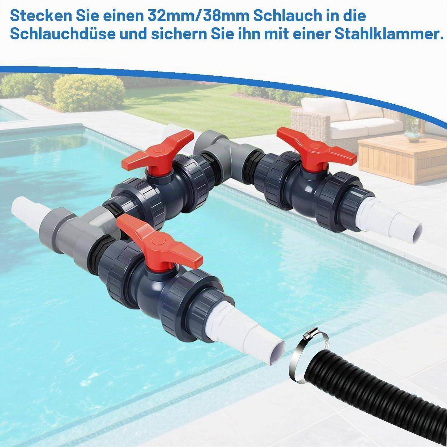Poolschläuche mit roten Absperrventilen; der Text besagt, dass ein 32-mm/38-mm-Schlauch in die Düse eingeführt und mit einer Stahlschelle gesichert werden soll.