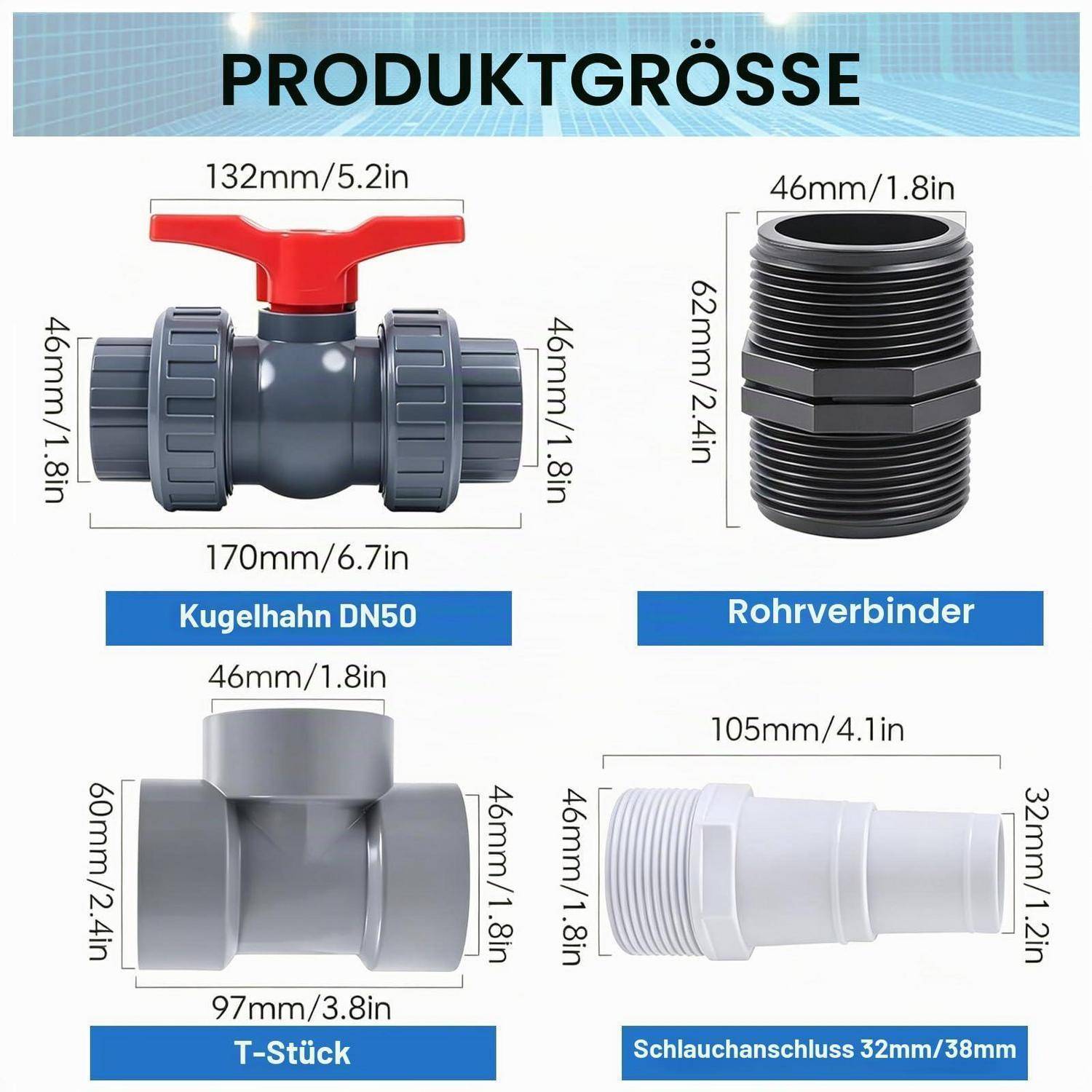Produktgrößentabelle mit vier Sanitärarmaturen mit beschrifteten Abmessungen: Kugelventil DN50, Rohrverbinder, T-Stück und Schlauchverbinder 32mm/38mm.