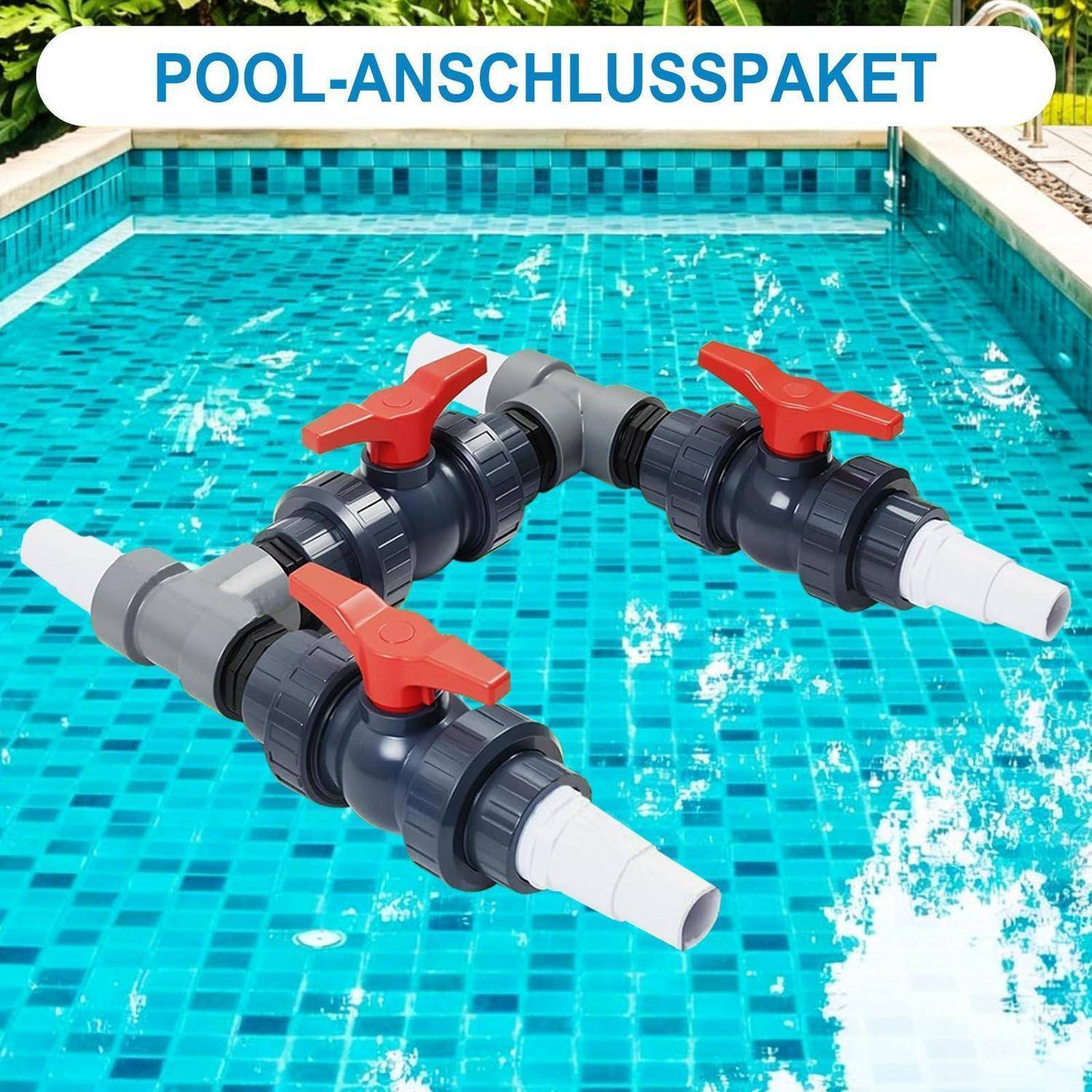 Poolverbindungskit mit drei schwarzen Ventilen und roten Griffen, gezeigt über einem Schwimmbecken; der Text lautet „POOL-ANSCHLUSSPAKET