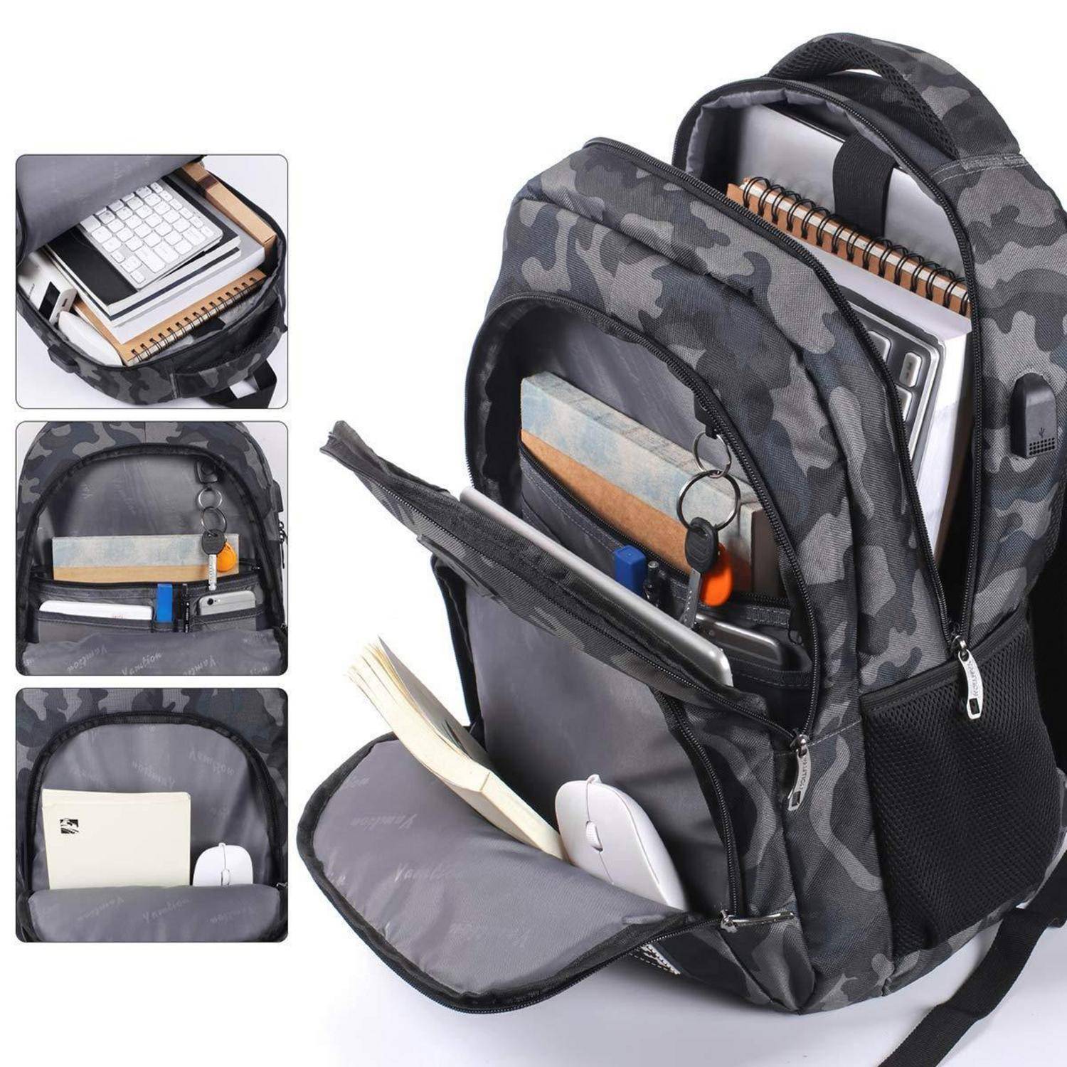 Tarn-Rucksack offen, um gepolsterte Fächer zu zeigen, die einen Laptop, ein Notizbuch, Ordner und kleine Zubehörteile halten; drei eingefügte Ansichten zeigen das Speicherlayout.