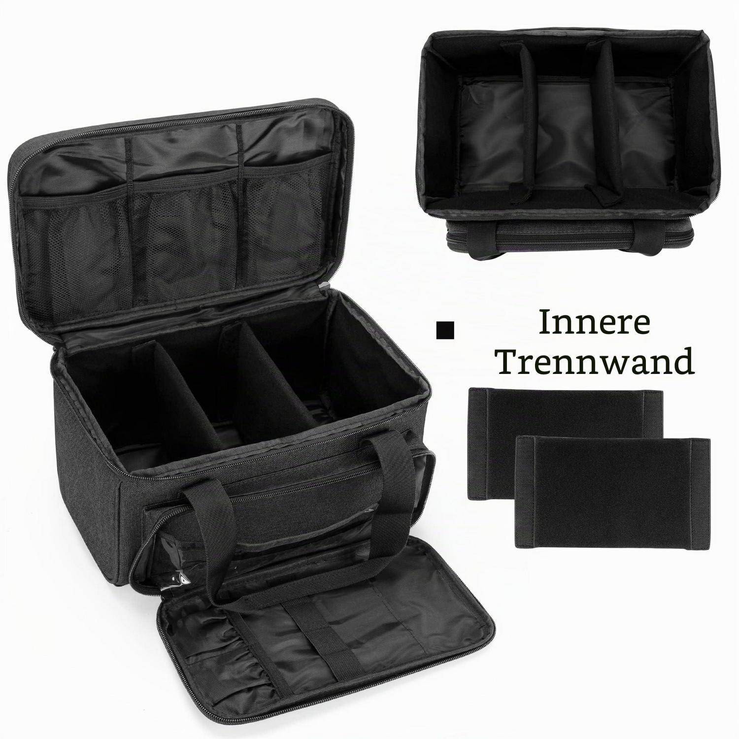 Schwarze isolierte Kühlertasche mit offenem Deckel und abnehmbaren inneren Trennwänden gezeigt, mit der Bezeichnung „Innere Trennwand" zur Hervorhebung der Fachteiler.